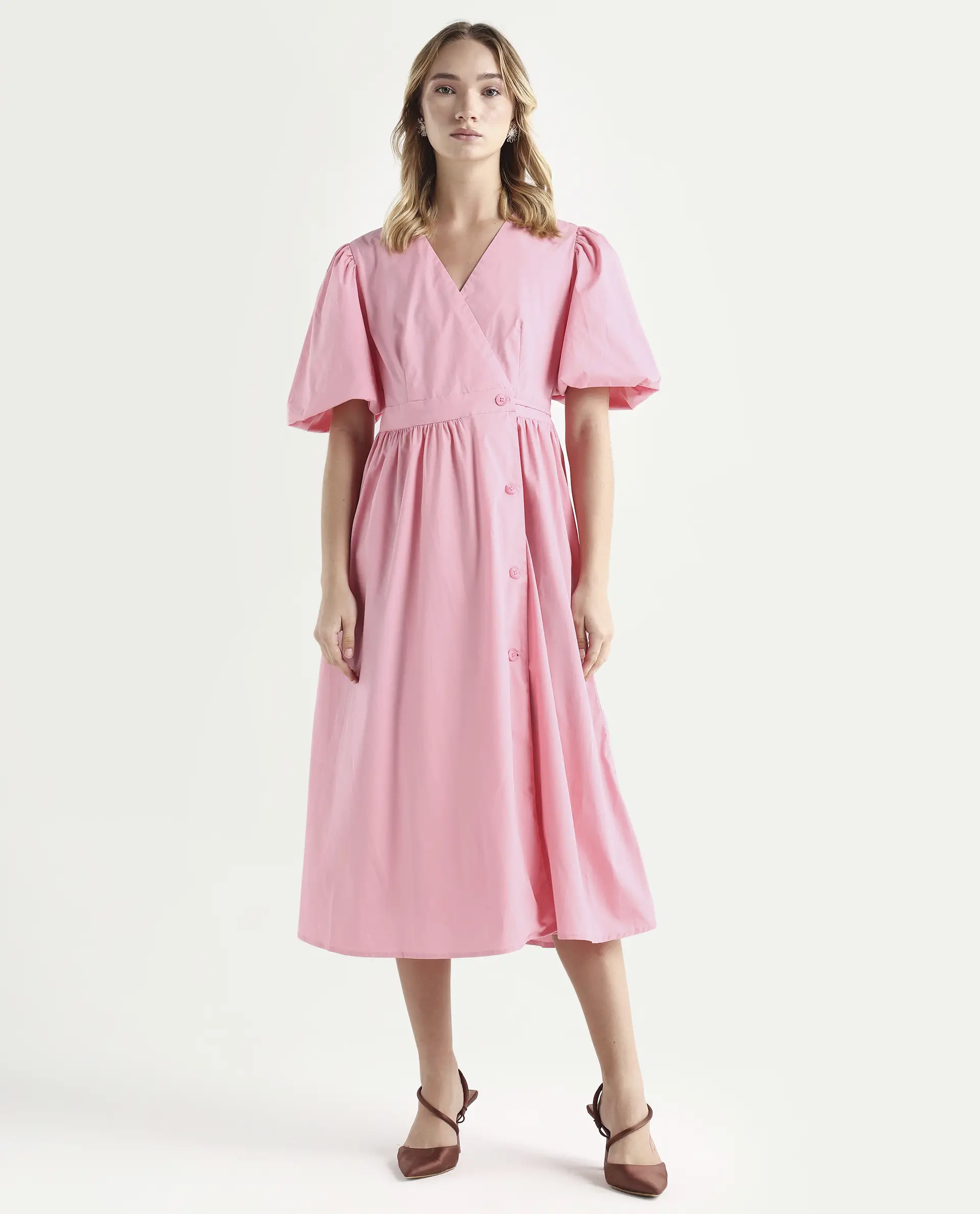 Rareism Women's Aleo Light Pink Polyester Blend Overlap Neck Plain Balloon Sleeve Maxi Fit And Flare Dress - Image 4