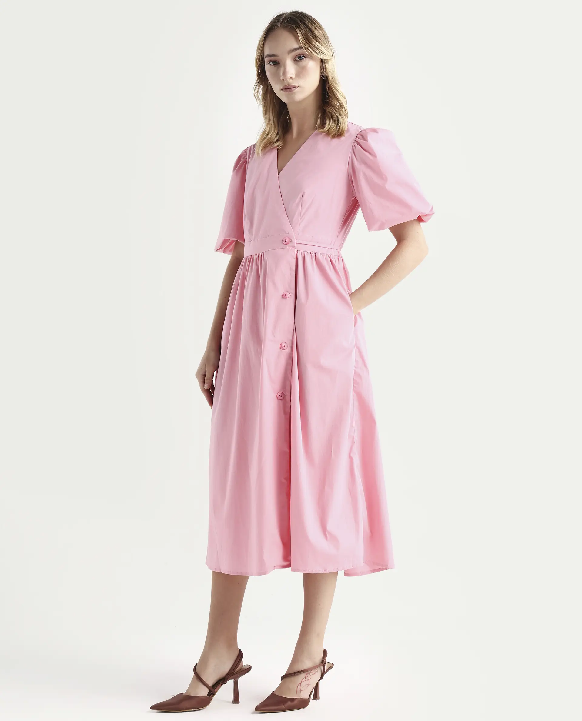 Rareism Women's Aleo Light Pink Polyester Blend Overlap Neck Plain Balloon Sleeve Maxi Fit And Flare Dress - Image 5