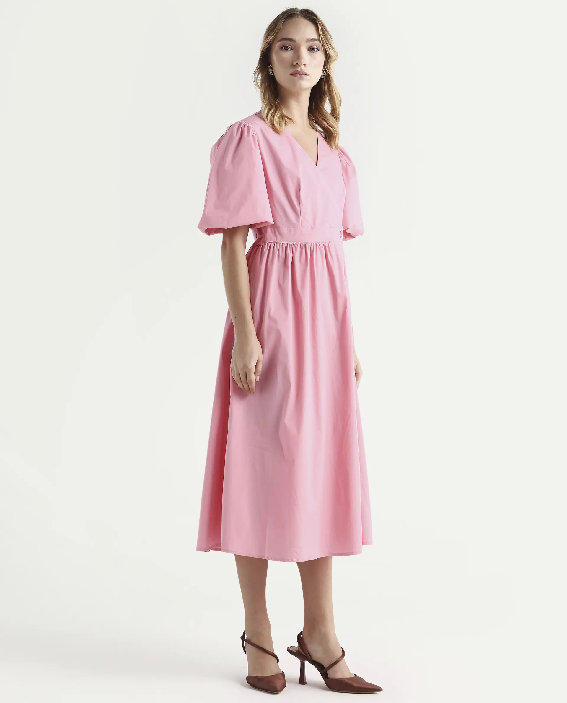 Rareism Women's Aleo Light Pink Polyester Blend Overlap Neck Plain Balloon Sleeve Maxi Fit And Flare Dress - Image 6