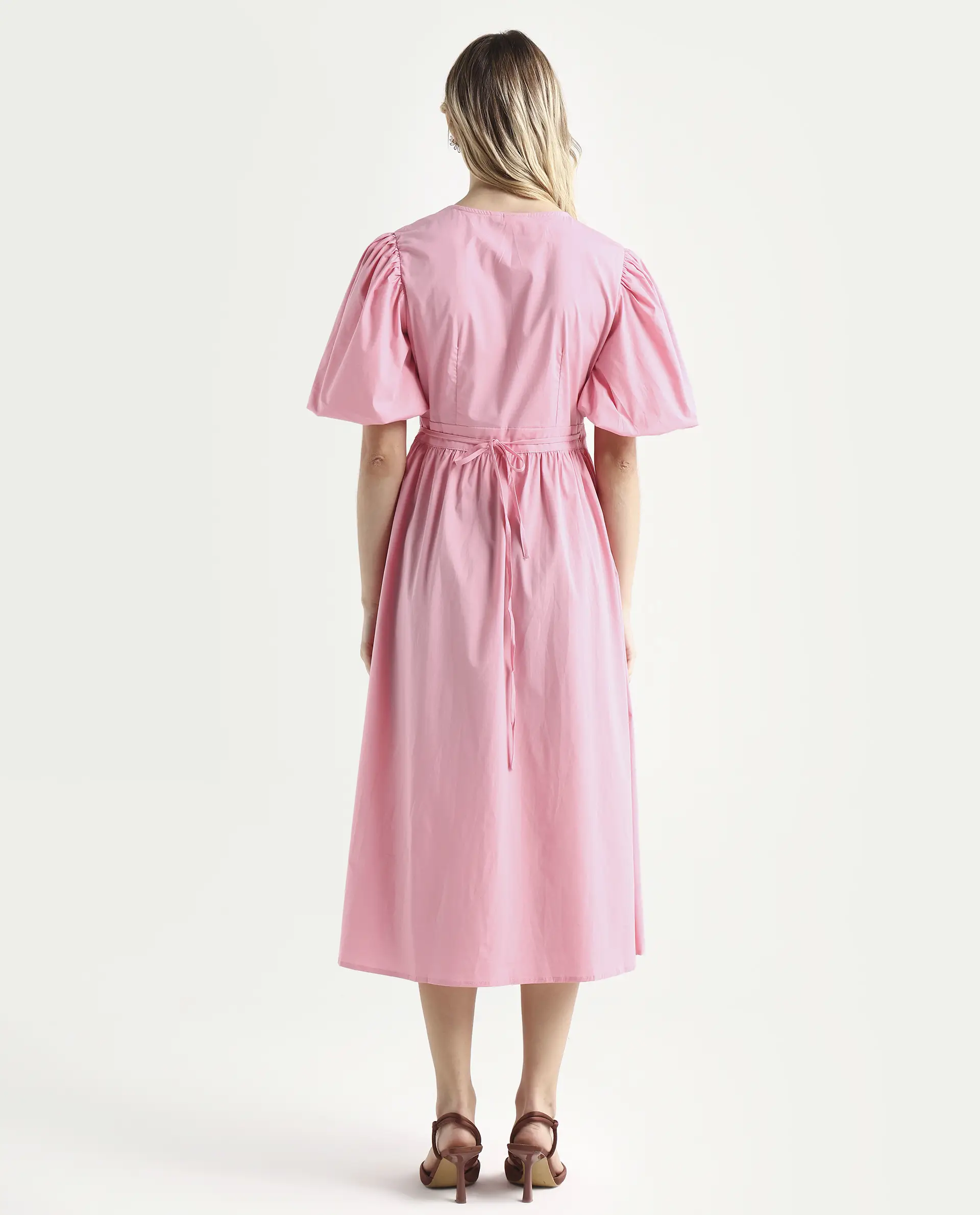 Rareism Women's Aleo Light Pink Polyester Blend Overlap Neck Plain Balloon Sleeve Maxi Fit And Flare Dress - Image 7