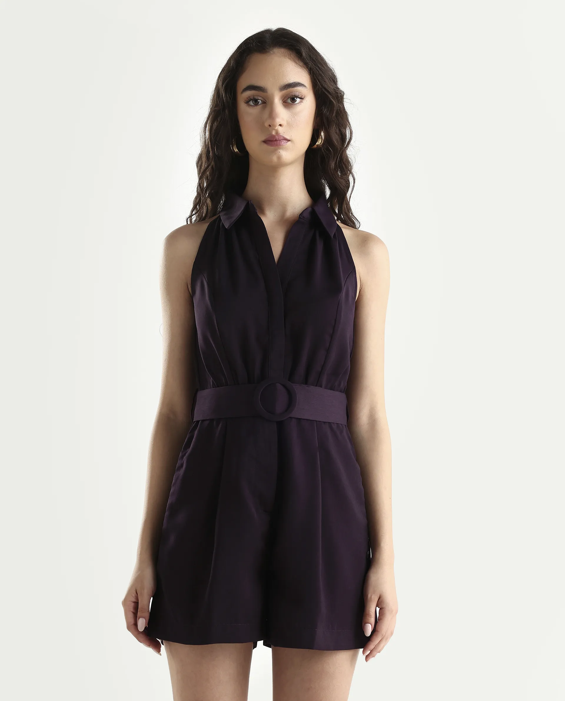Rareism Women's Aless Maroon Satin Halter Neck Plain Sleeveless Mini Regular Fit Dress - Image 3