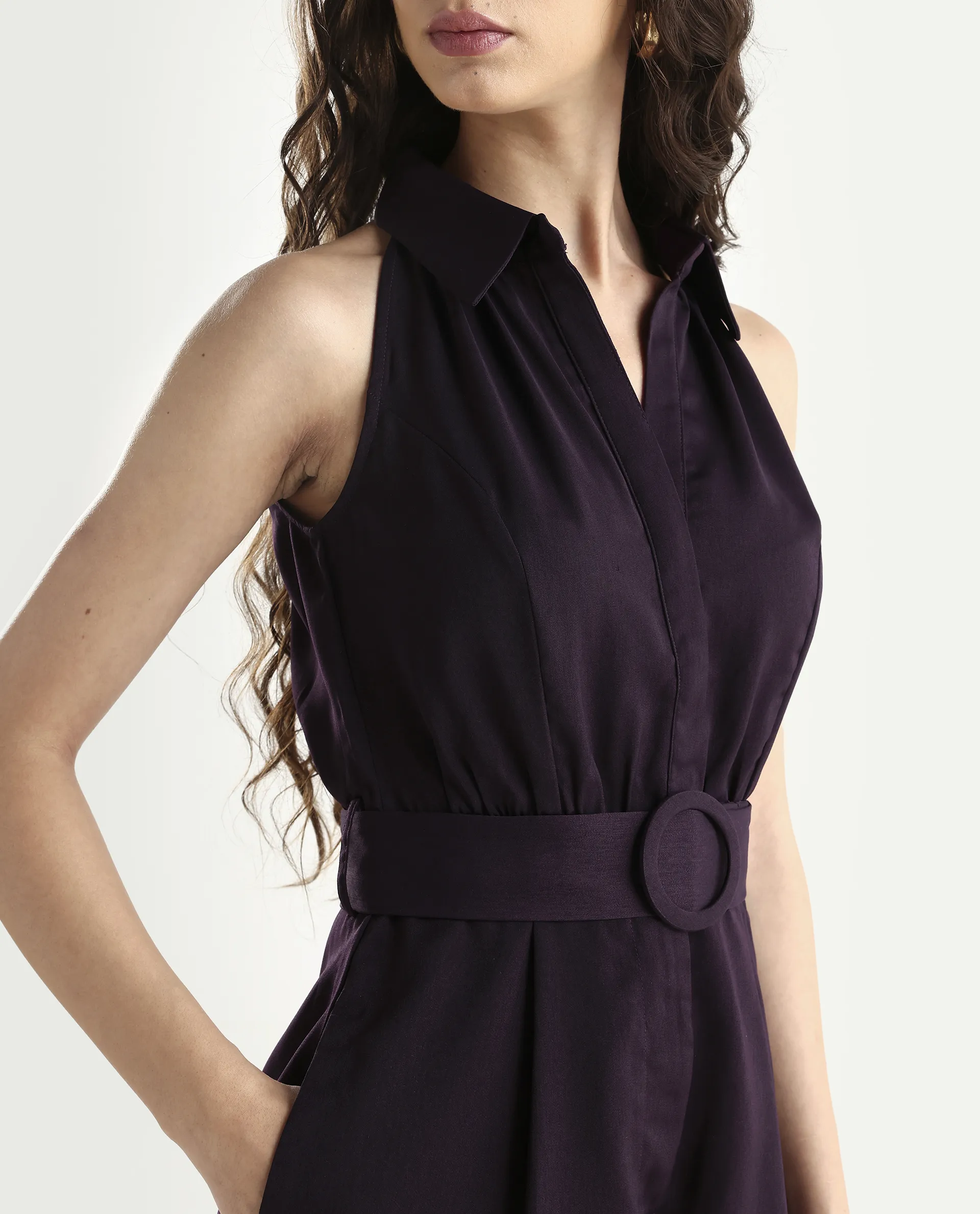Rareism Women's Aless Maroon Satin Halter Neck Plain Sleeveless Mini Regular Fit Dress - Image 4