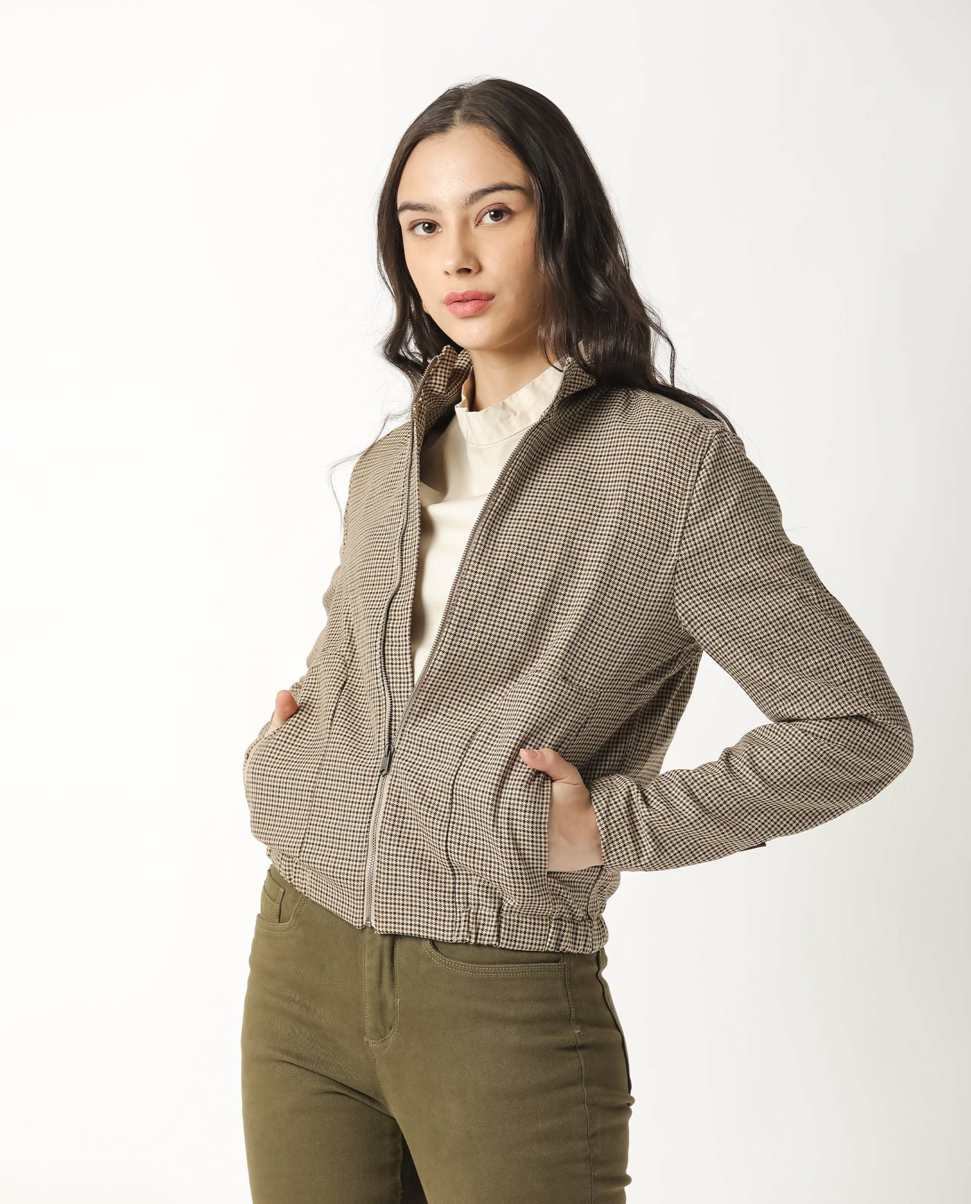 Rareism Womens Alex Yellow Bomber Jacket Full Sleeves Check Pattern - Image 10