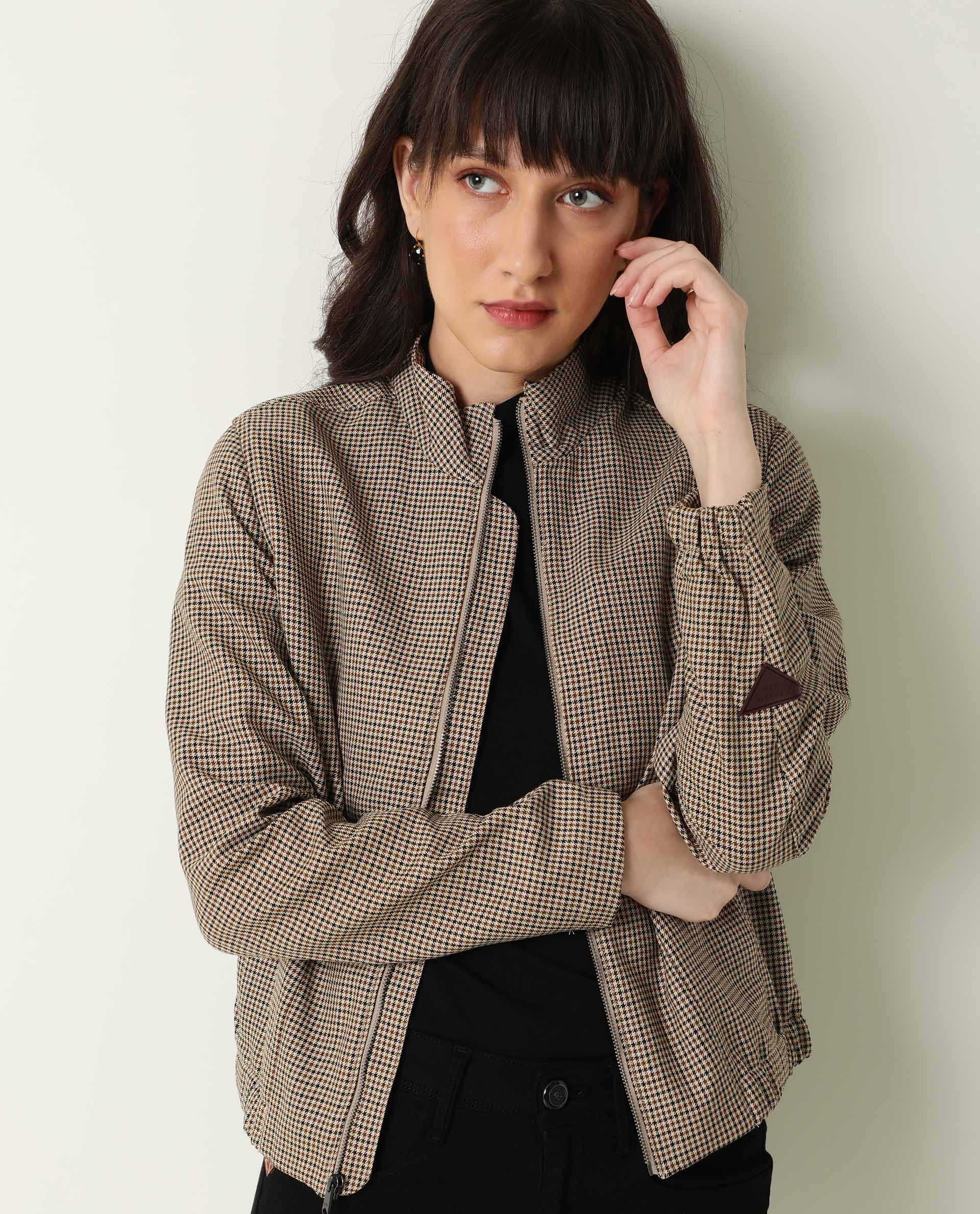 Rareism Womens Alex Yellow Bomber Jacket Full Sleeves Check Pattern - Image 11