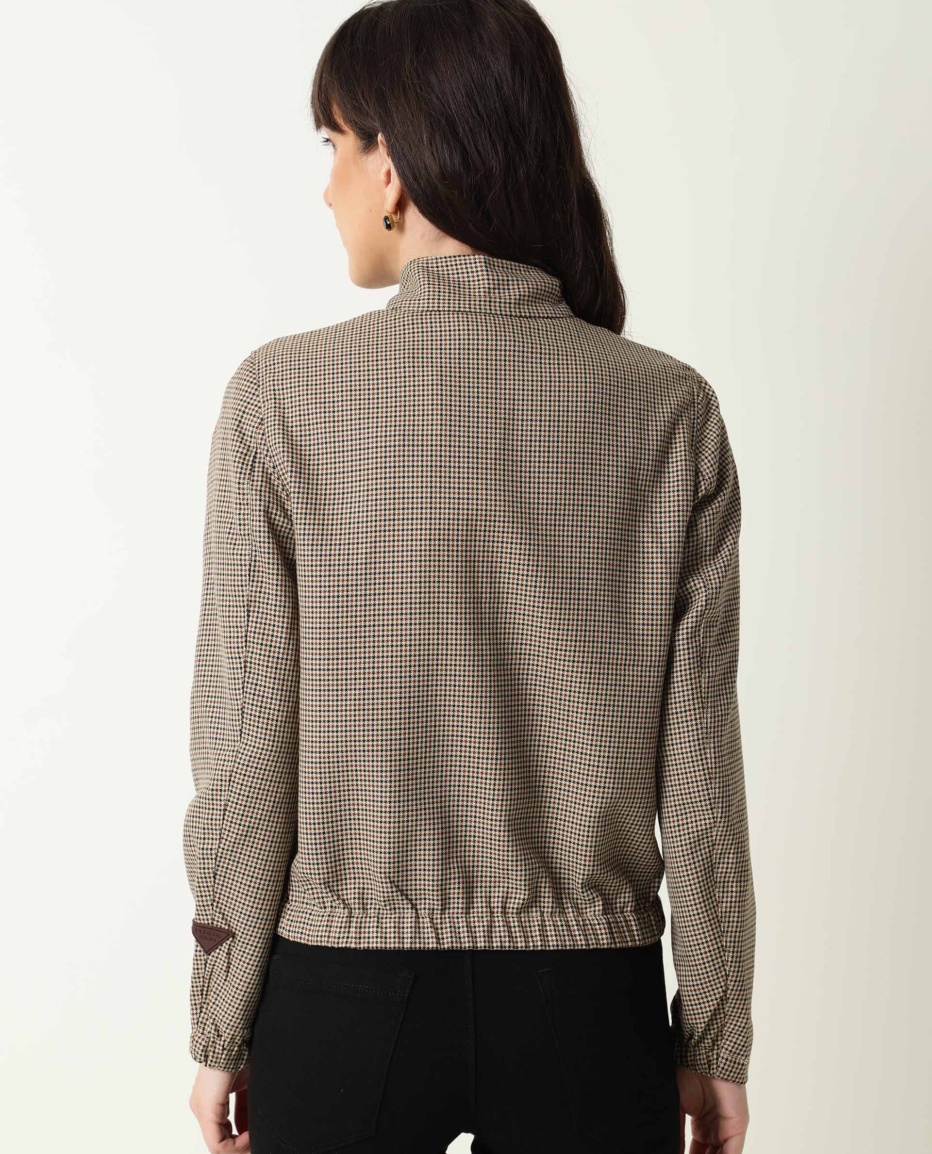 Rareism Womens Alex Yellow Bomber Jacket Full Sleeves Check Pattern - Image 3