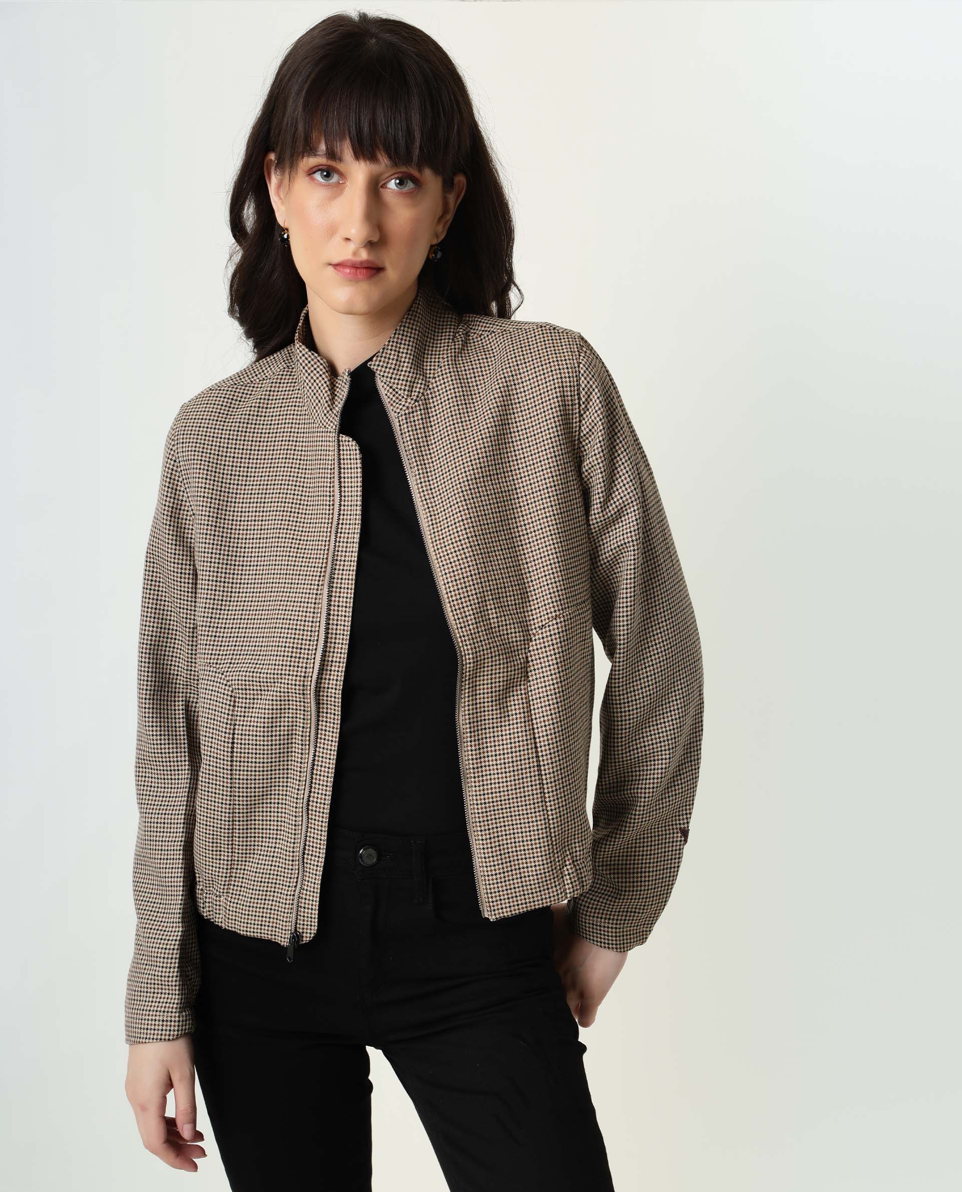 Rareism Womens Alex Yellow Bomber Jacket Full Sleeves Check Pattern - Image 5