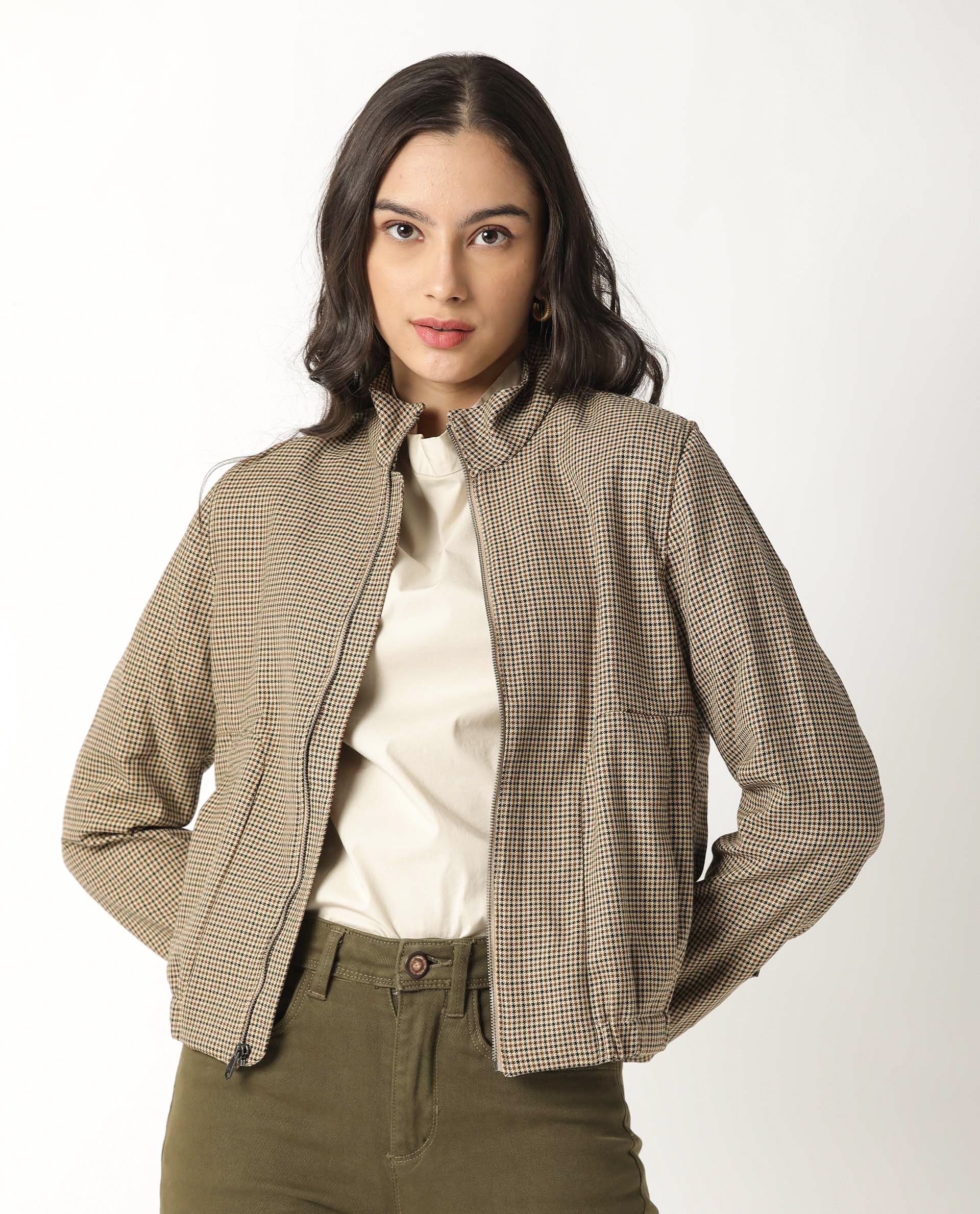 Rareism Womens Alex Yellow Bomber Jacket Full Sleeves Check Pattern - Image 7