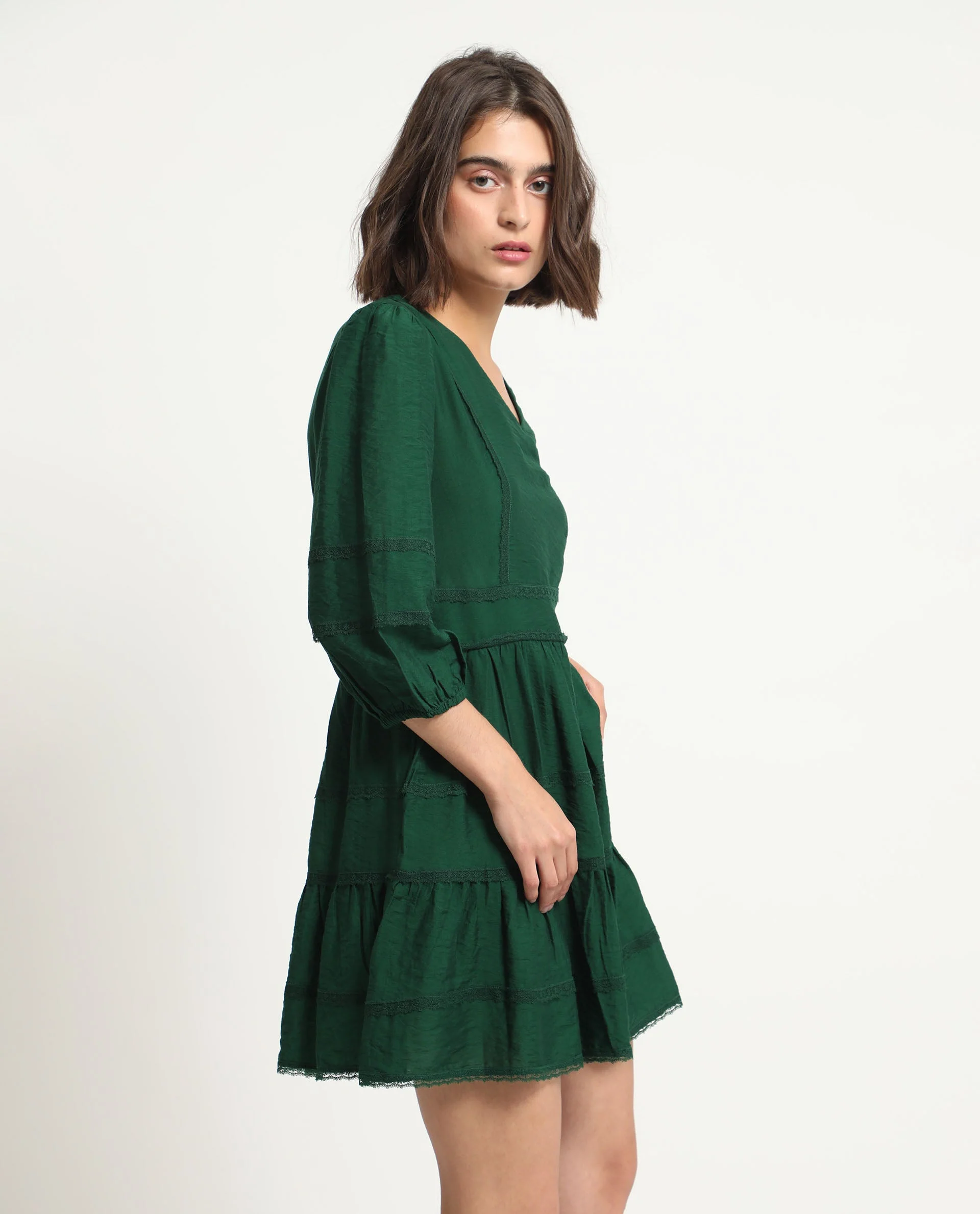 Rareism Women's Alexa Dark Green Viscose V-Neck Plain Balloon Sleeve Mini Regular Fit Dress - Image 10