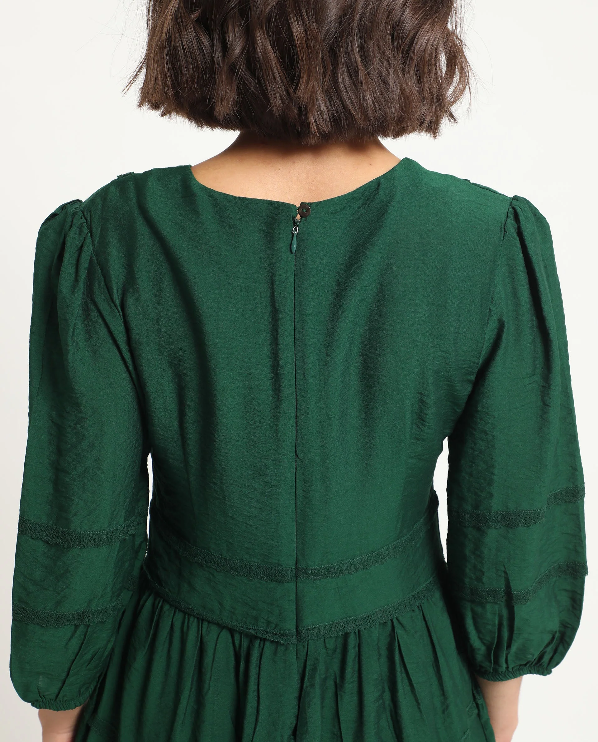 Rareism Women's Alexa Dark Green Viscose V-Neck Plain Balloon Sleeve Mini Regular Fit Dress - Image 11