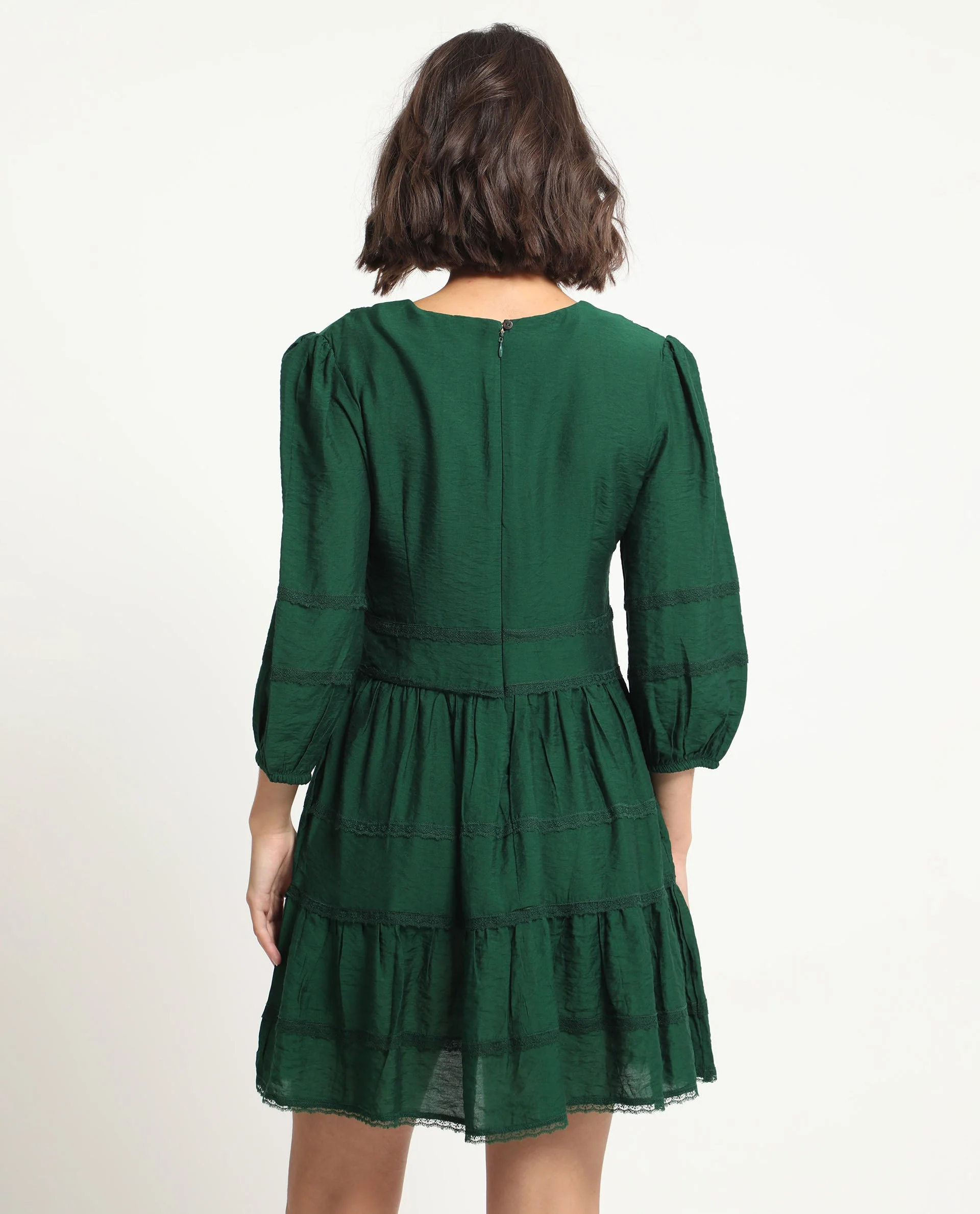 Rareism Women's Alexa Dark Green Viscose V-Neck Plain Balloon Sleeve Mini Regular Fit Dress - Image 12