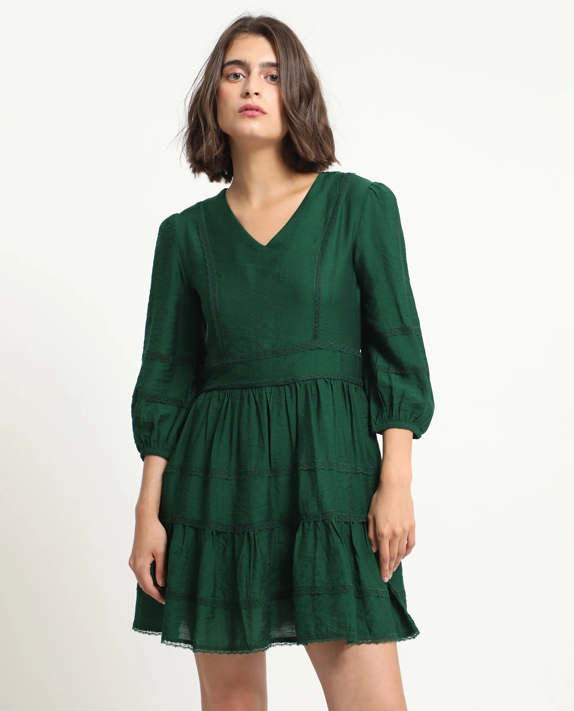 Rareism Women's Alexa Dark Green Viscose V-Neck Plain Balloon Sleeve Mini Regular Fit Dress - Image 2