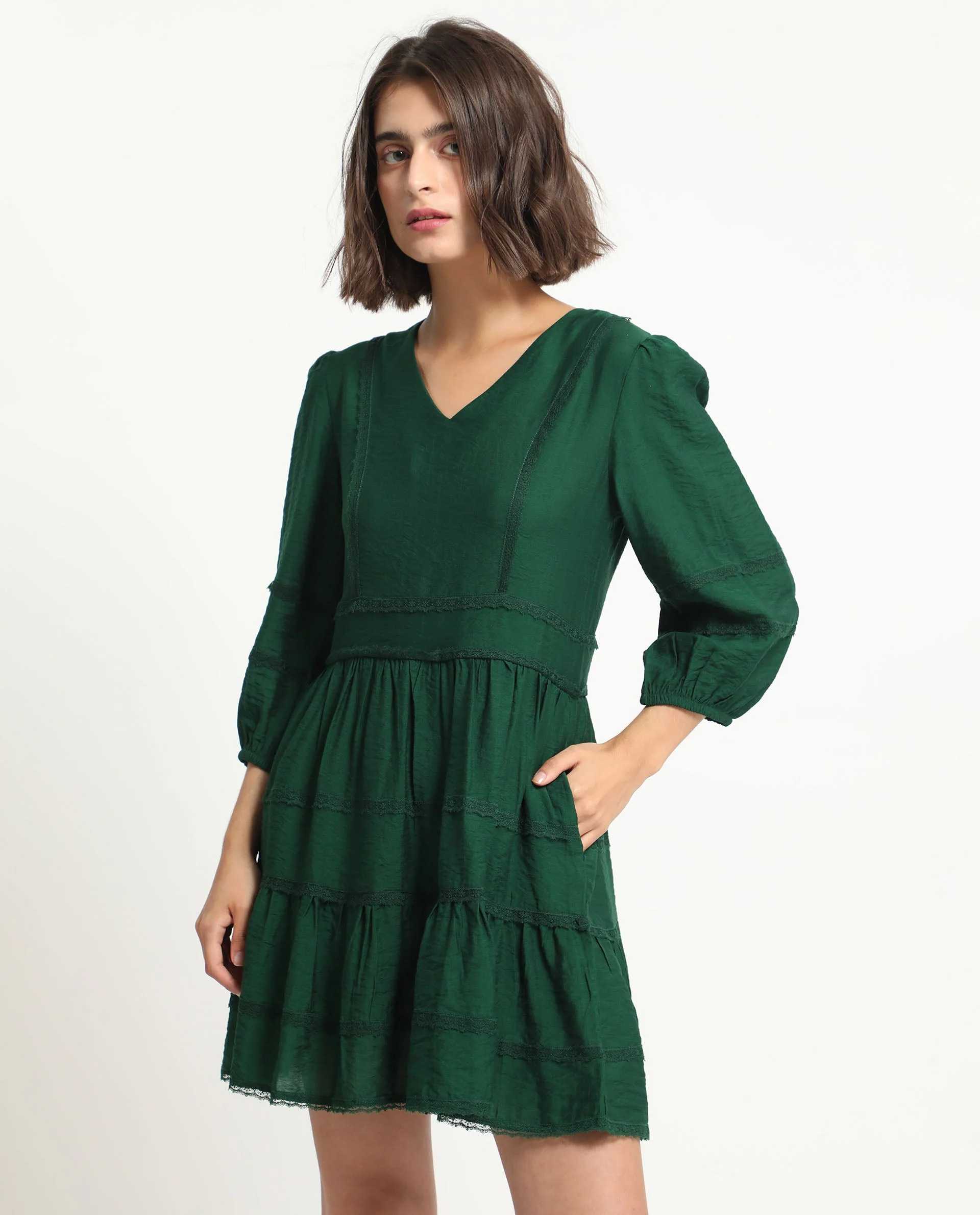 Rareism Women's Alexa Dark Green Viscose V-Neck Plain Balloon Sleeve Mini Regular Fit Dress - Image 4