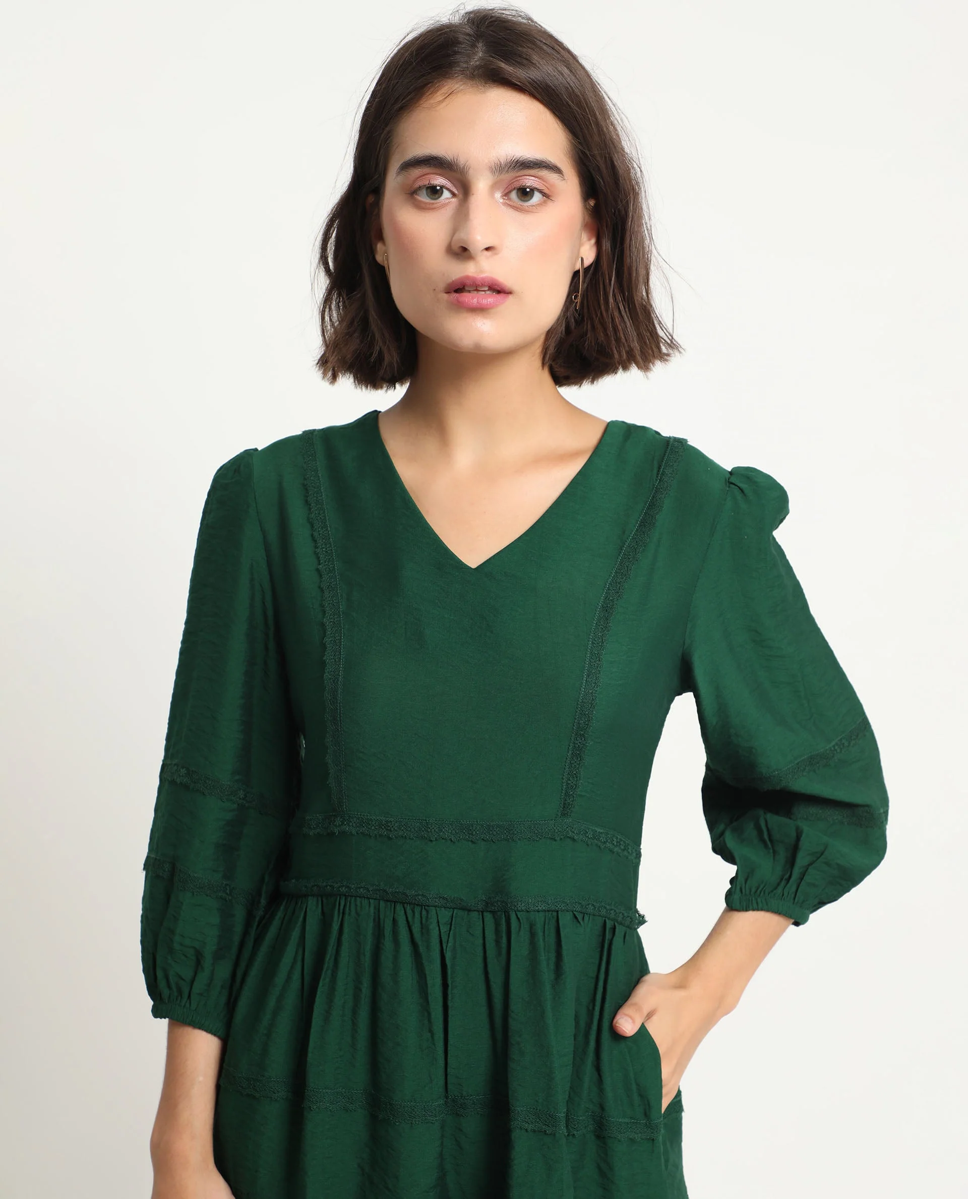 Rareism Women's Alexa Dark Green Viscose V-Neck Plain Balloon Sleeve Mini Regular Fit Dress - Image 5