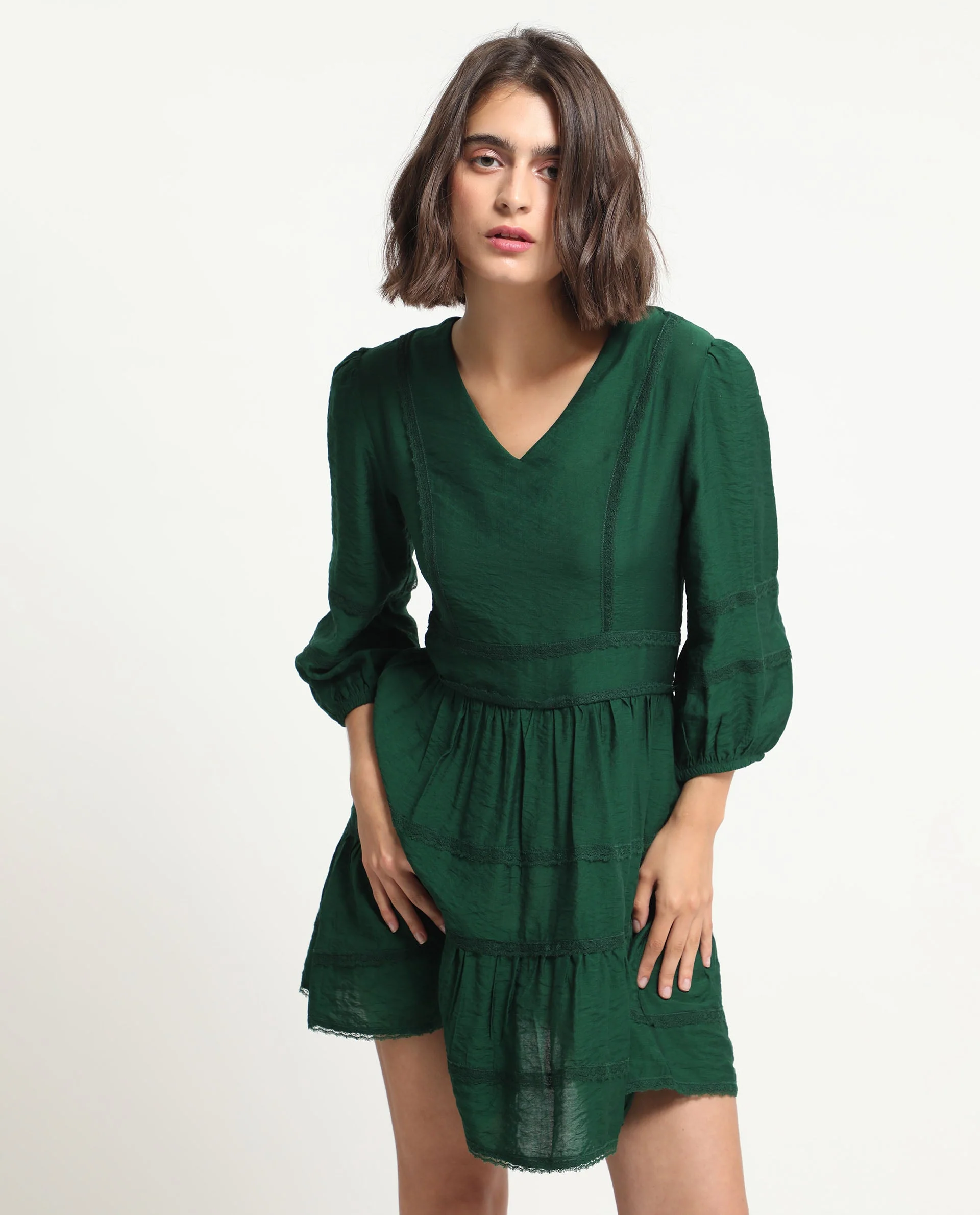 Rareism Women's Alexa Dark Green Viscose V-Neck Plain Balloon Sleeve Mini Regular Fit Dress - Image 6