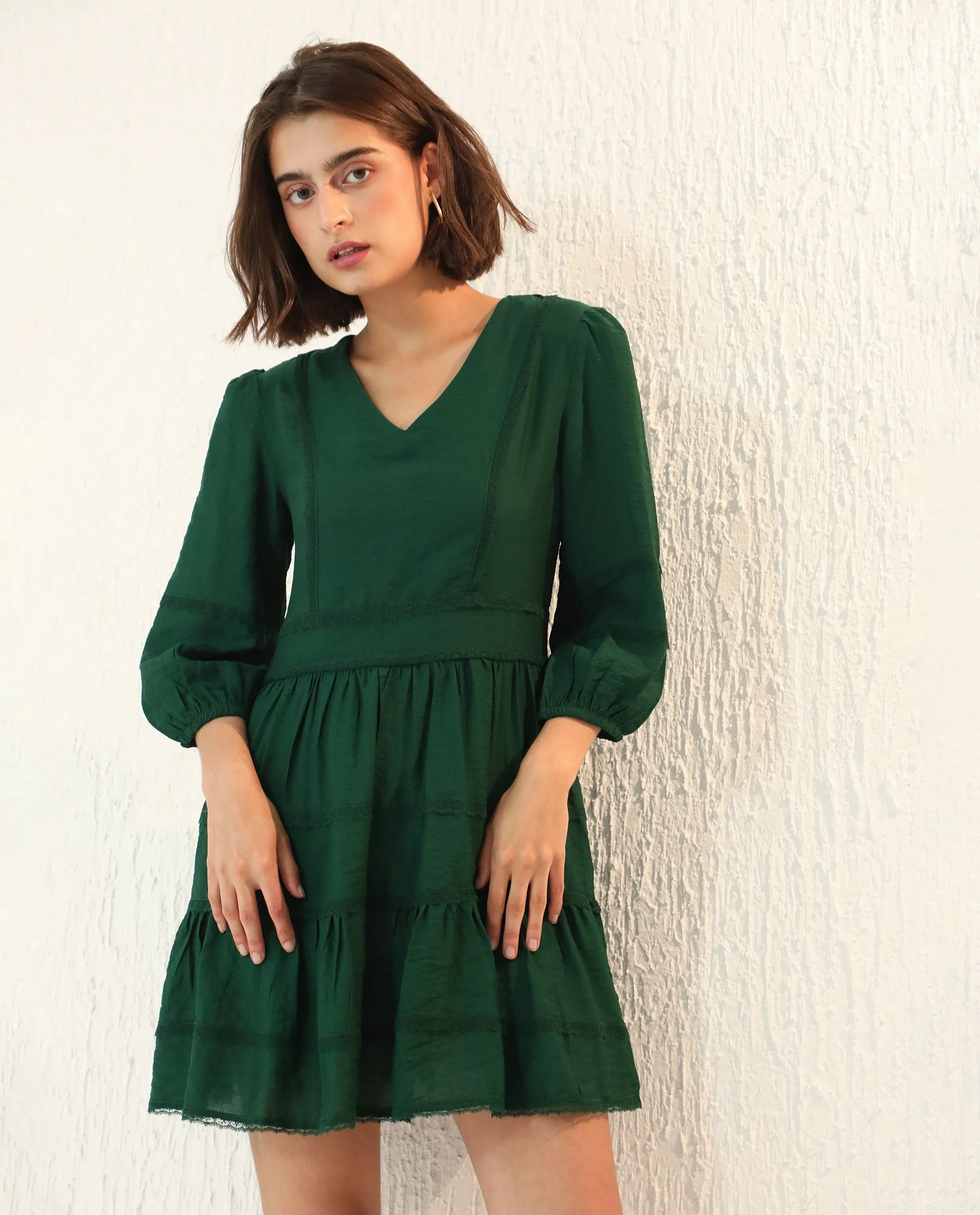 Rareism Women's Alexa Dark Green Viscose V-Neck Plain Balloon Sleeve Mini Regular Fit Dress - Image 7