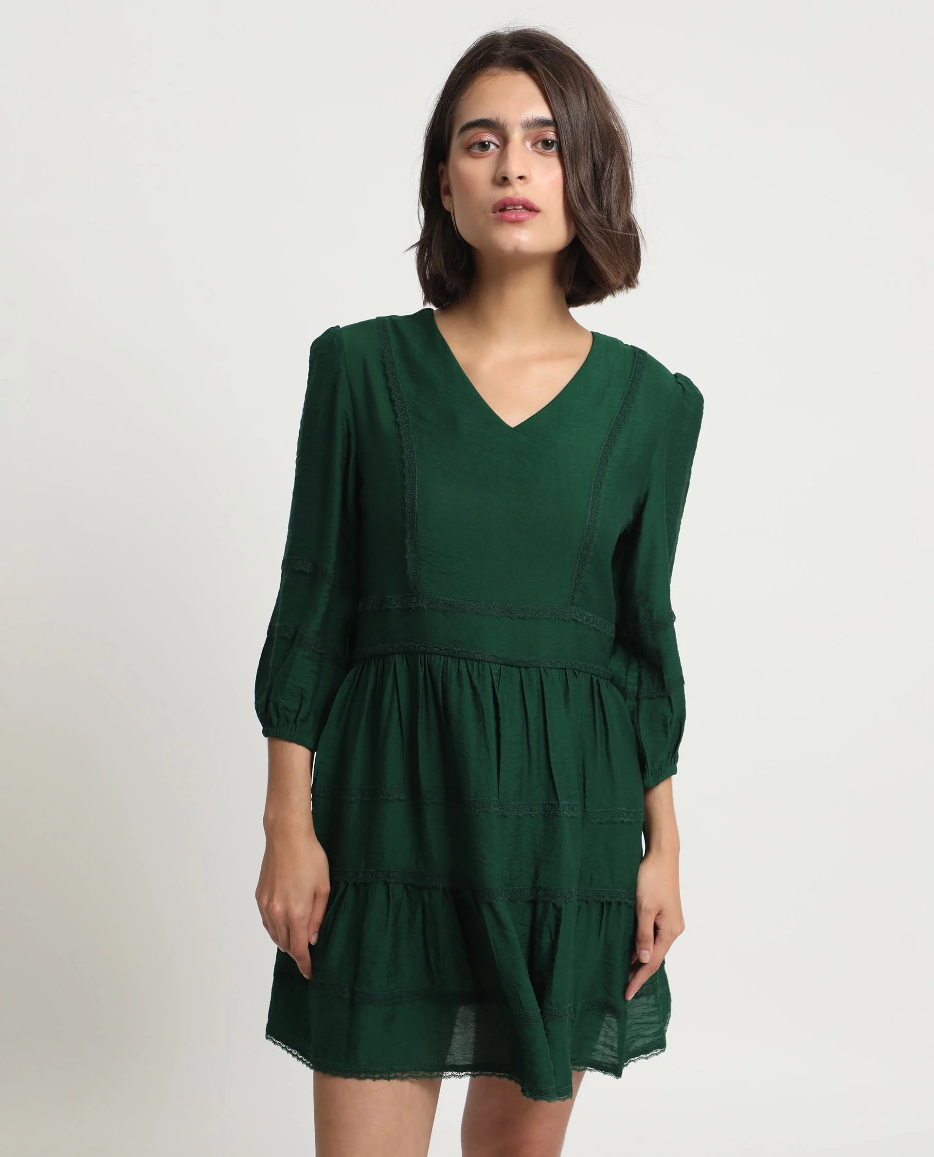 Rareism Women's Alexa Dark Green Viscose V-Neck Plain Balloon Sleeve Mini Regular Fit Dress - Image 8