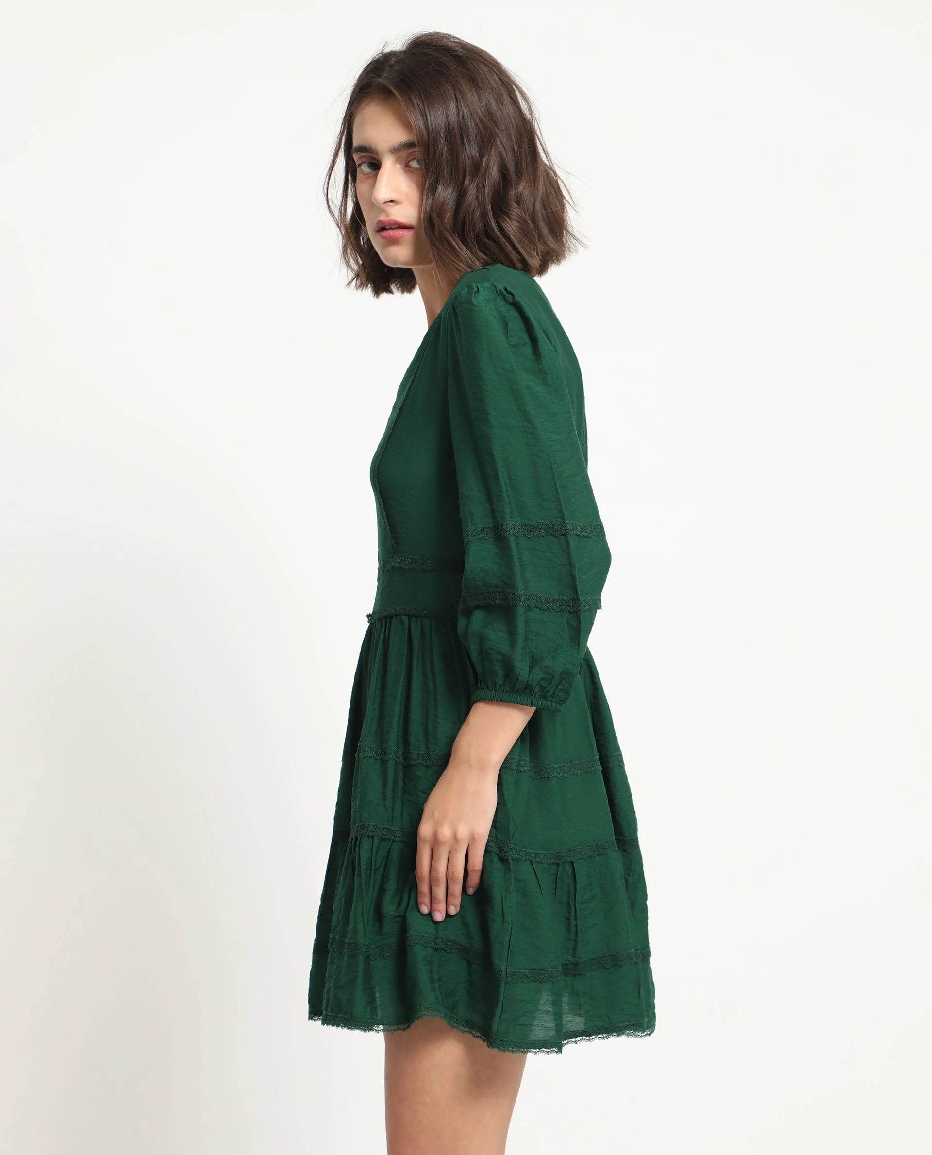 Rareism Women's Alexa Dark Green Viscose V-Neck Plain Balloon Sleeve Mini Regular Fit Dress - Image 9