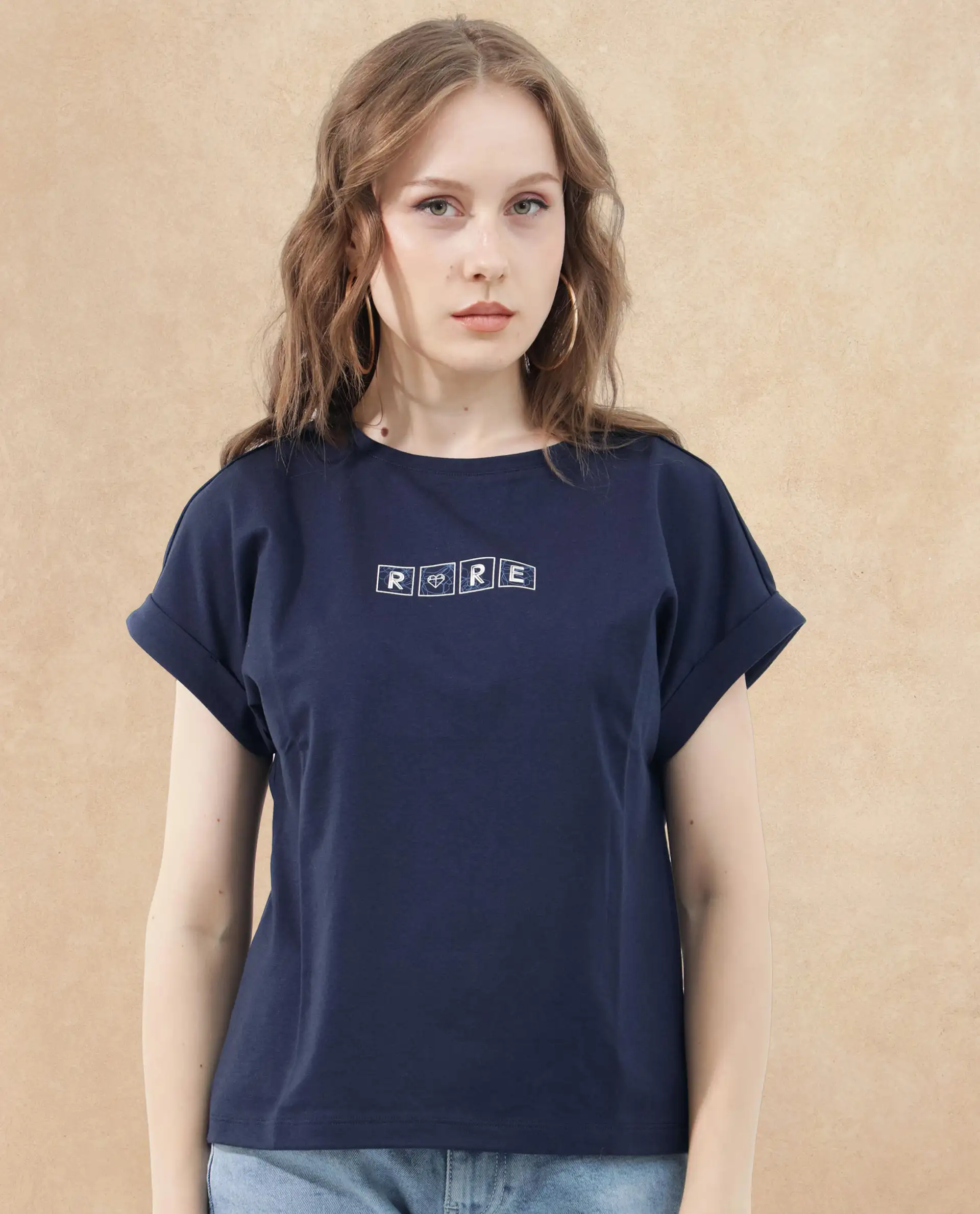 Rareism Women's Alexy Dark Navy Cotton Blend Crew Neck Graphic Print Extended Sleeves Regular Fit T-Shirt - Image 3