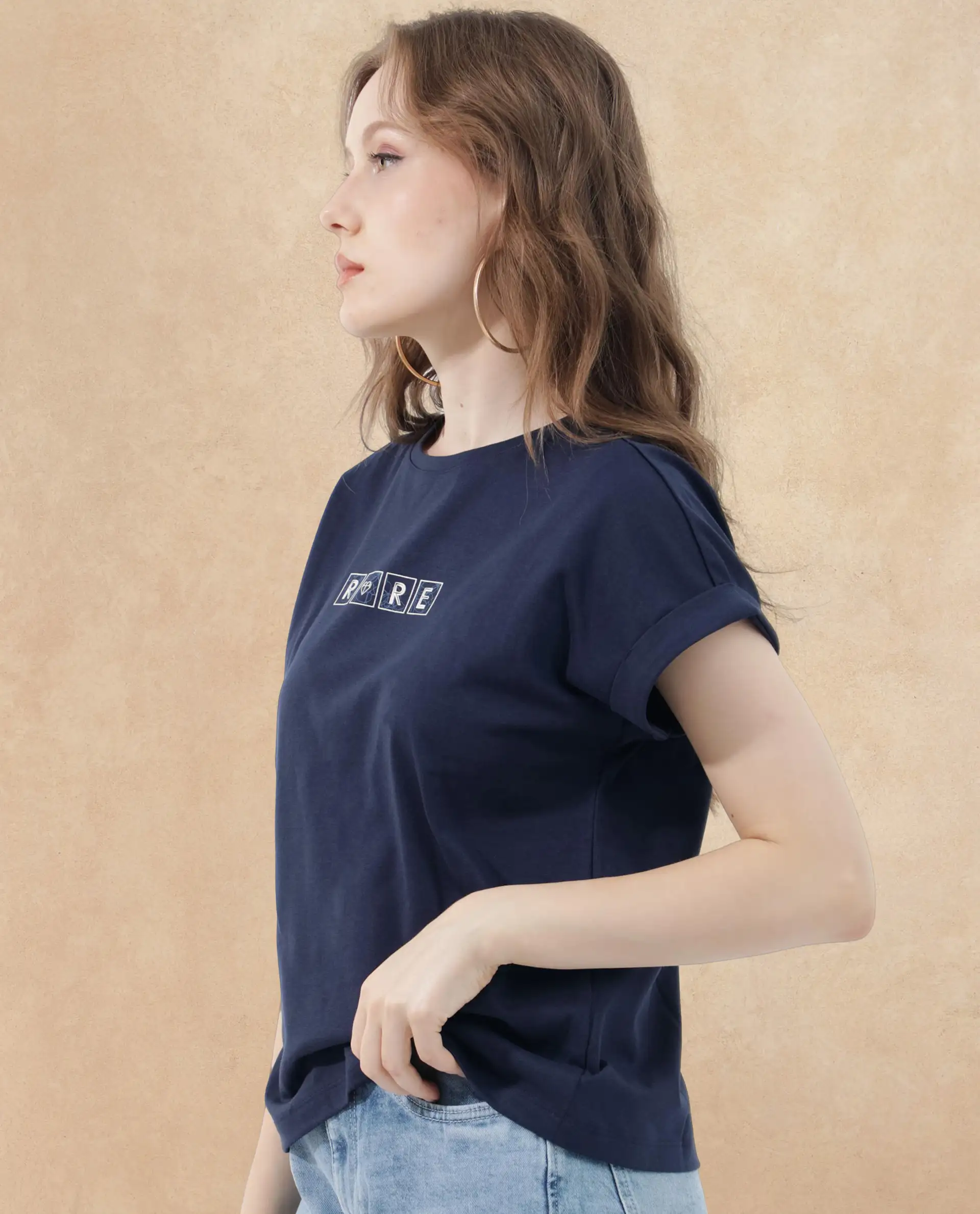 Rareism Women's Alexy Dark Navy Cotton Blend Crew Neck Graphic Print Extended Sleeves Regular Fit T-Shirt - Image 4