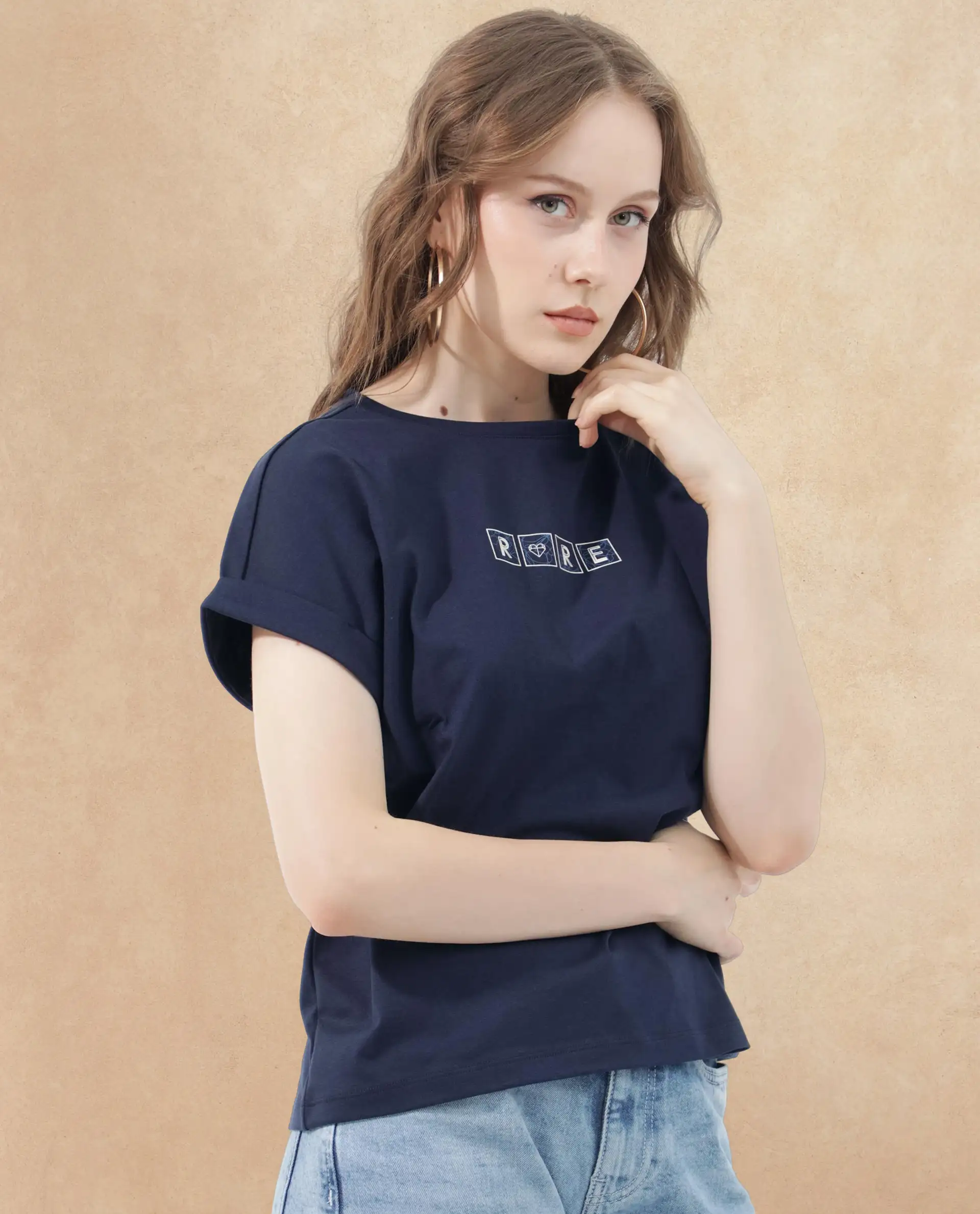 Rareism Women's Alexy Dark Navy Cotton Blend Crew Neck Graphic Print Extended Sleeves Regular Fit T-Shirt - Image 5