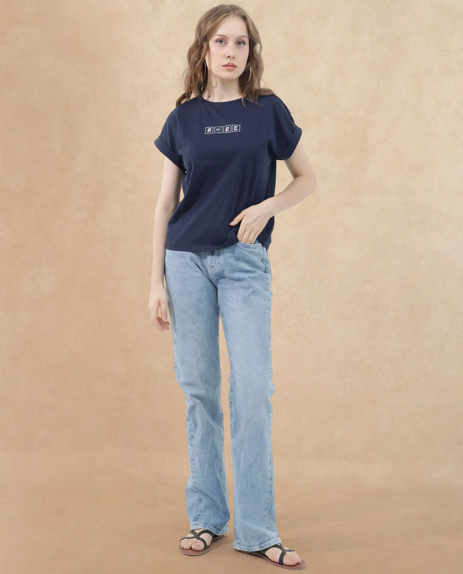 Rareism Women's Alexy Dark Navy Cotton Blend Crew Neck Graphic Print Extended Sleeves Regular Fit T-Shirt - Image 7