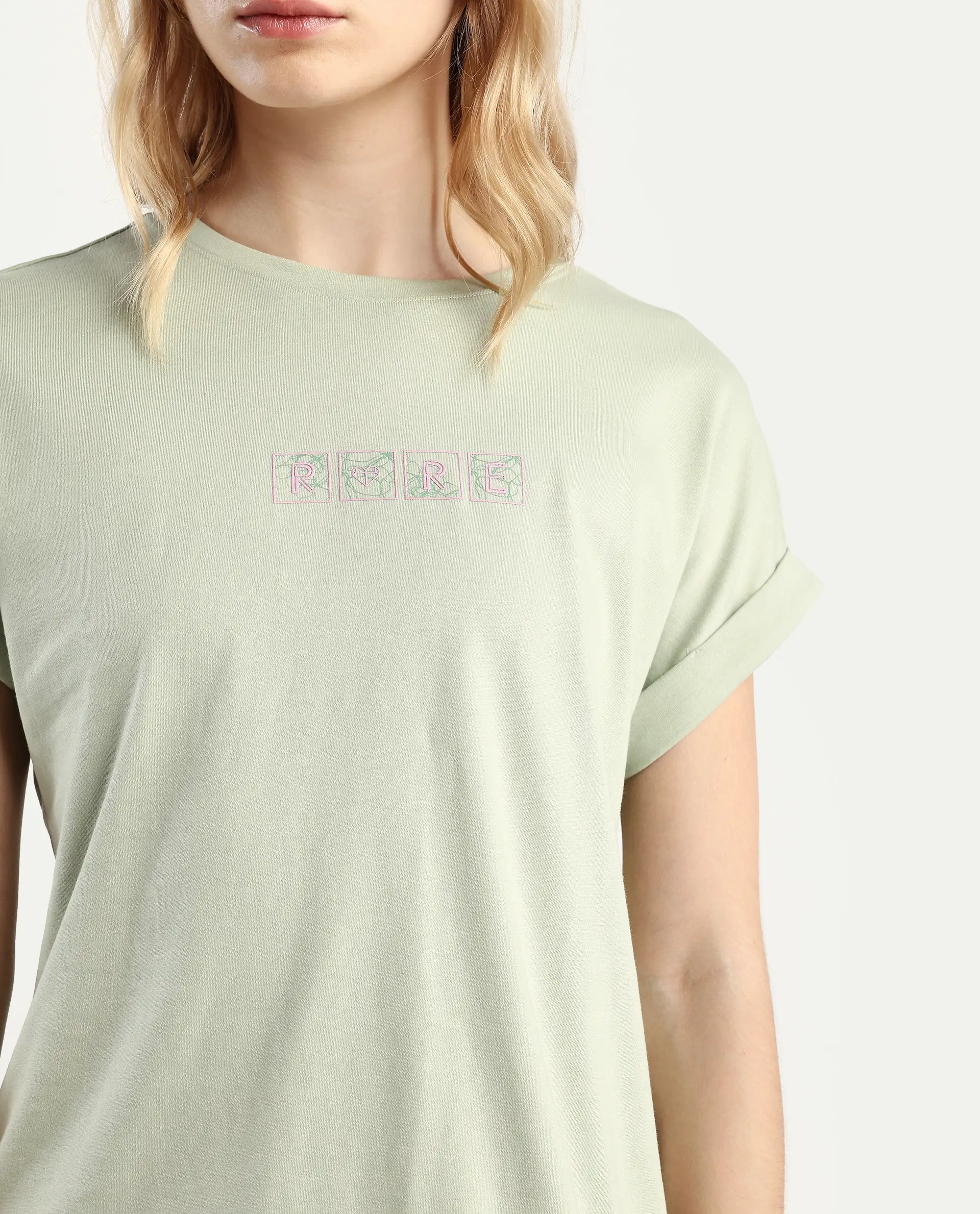Rareism Women's Alexy Pastel Green Cotton Blend Crew Neck Graphic Print Extended Sleeves Regular Fit T-Shirt - Image 3