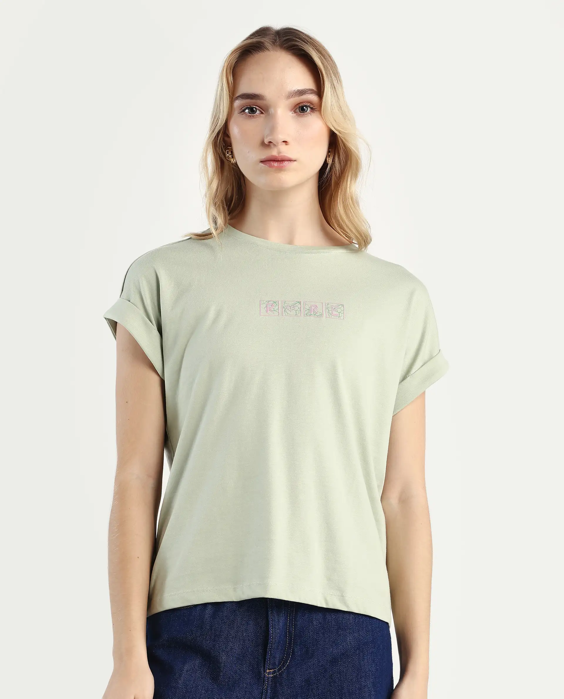 Rareism Women's Alexy Pastel Green Cotton Blend Crew Neck Graphic Print Extended Sleeves Regular Fit T-Shirt - Image 4