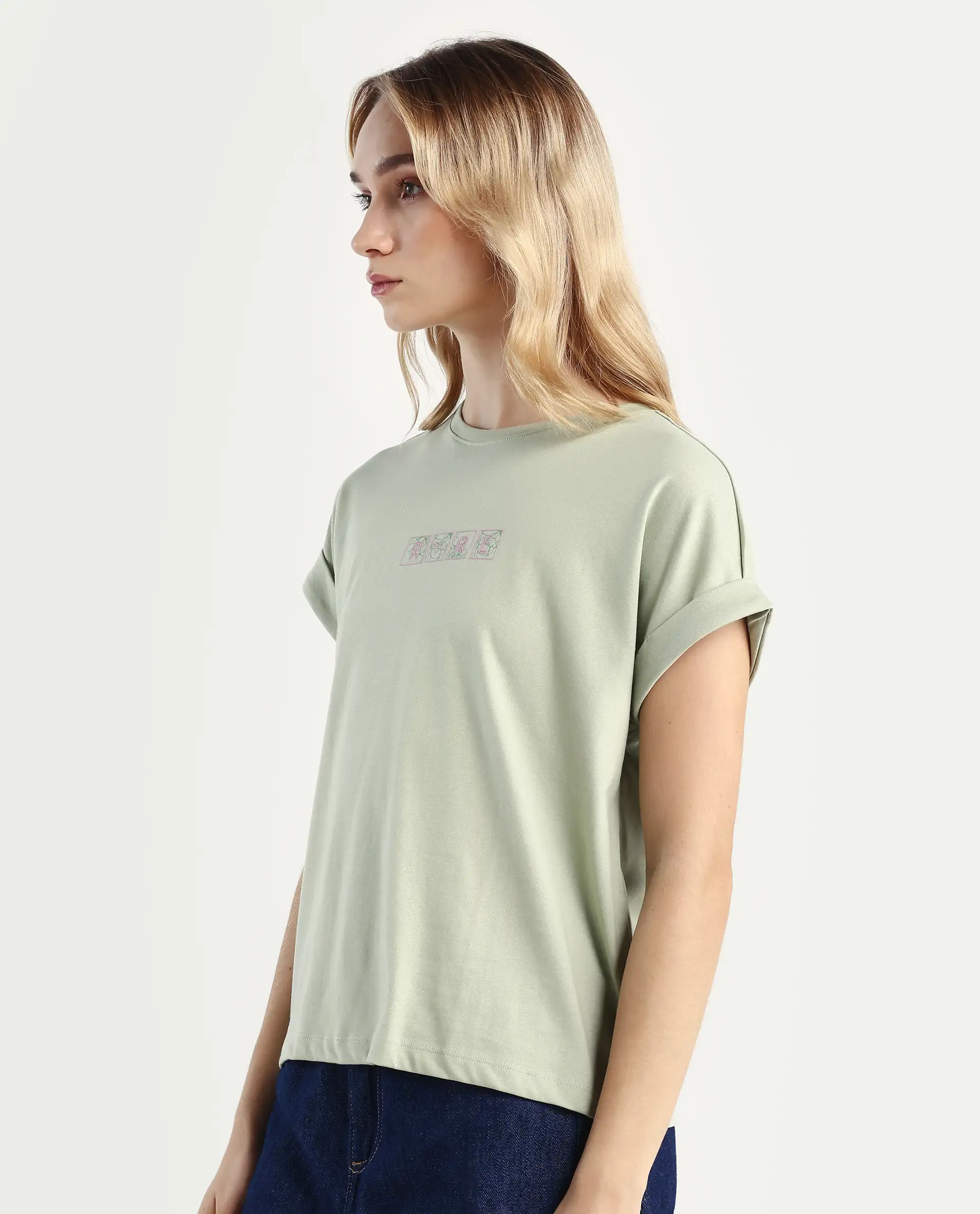 Rareism Women's Alexy Pastel Green Cotton Blend Crew Neck Graphic Print Extended Sleeves Regular Fit T-Shirt - Image 5