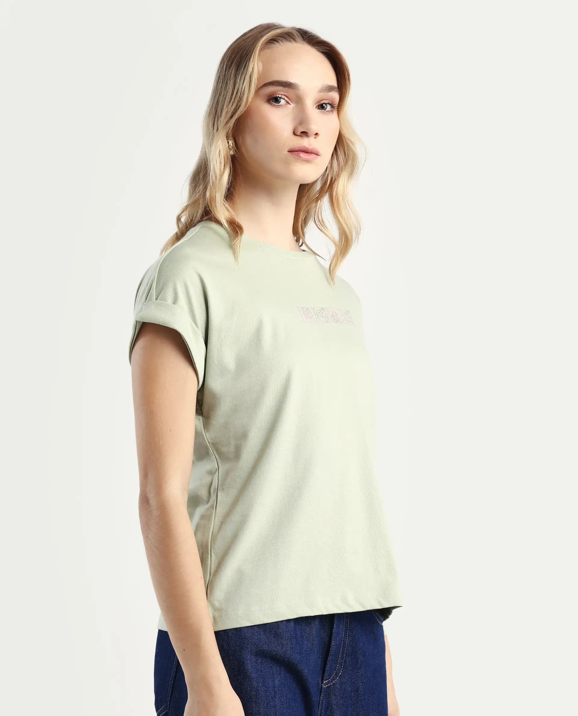 Rareism Women's Alexy Pastel Green Cotton Blend Crew Neck Graphic Print Extended Sleeves Regular Fit T-Shirt - Image 6