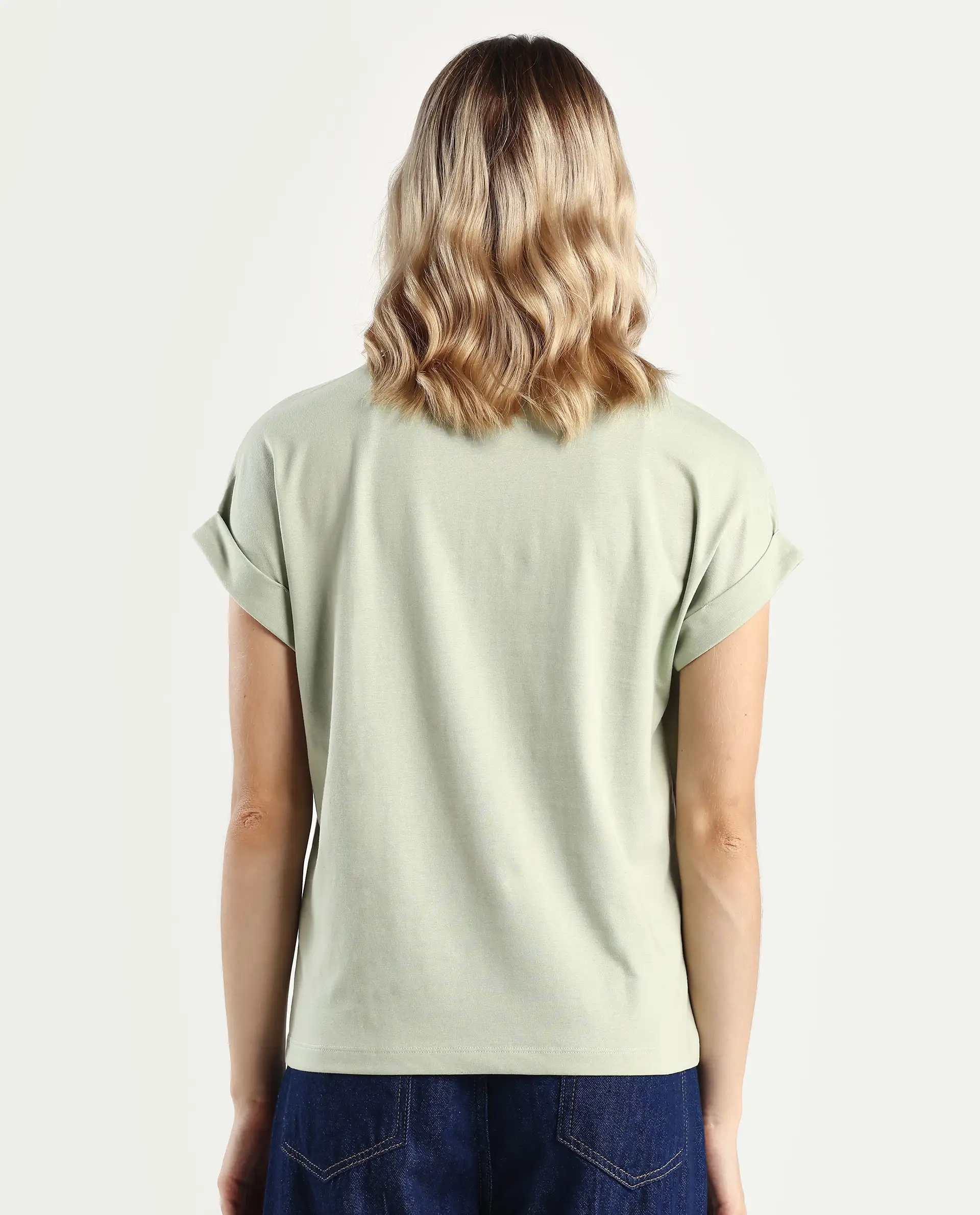 Rareism Women's Alexy Pastel Green Cotton Blend Crew Neck Graphic Print Extended Sleeves Regular Fit T-Shirt - Image 7