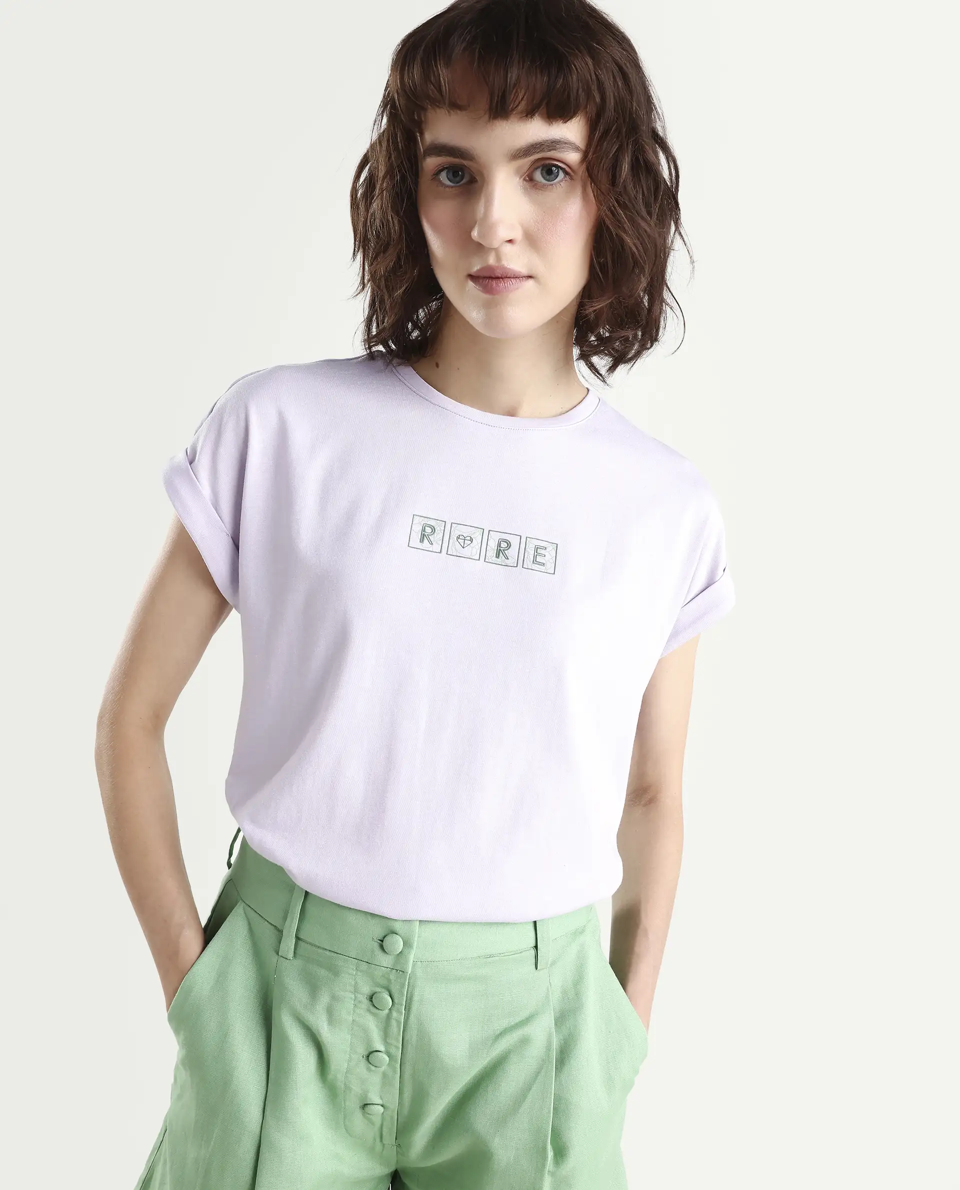 Rareism Women's Alexy Pastel Purple Cotton Blend Crew Neck Graphic Print Extended Sleeves Regular Fit T-Shirt
