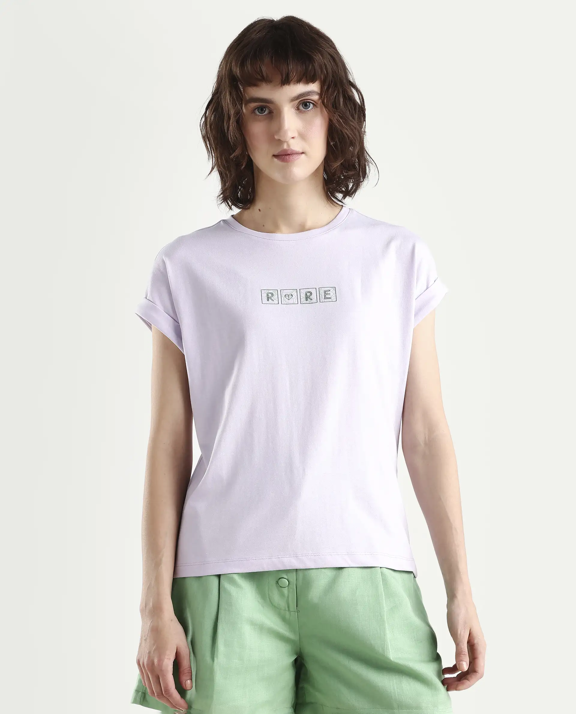 Rareism Women's Alexy Pastel Purple Cotton Blend Crew Neck Graphic Print Extended Sleeves Regular Fit T-Shirt - Image 3