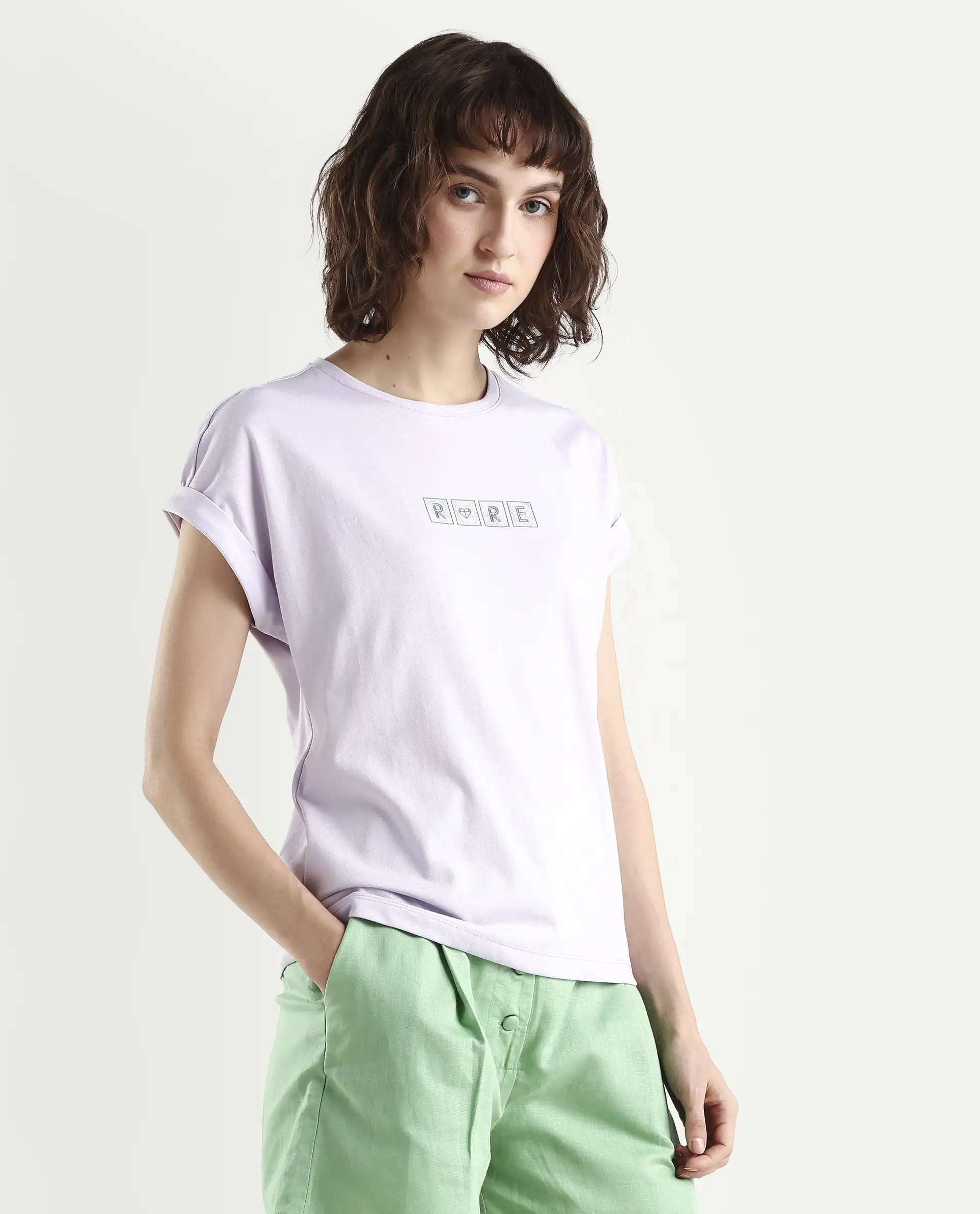 Rareism Women's Alexy Pastel Purple Cotton Blend Crew Neck Graphic Print Extended Sleeves Regular Fit T-Shirt - Image 5