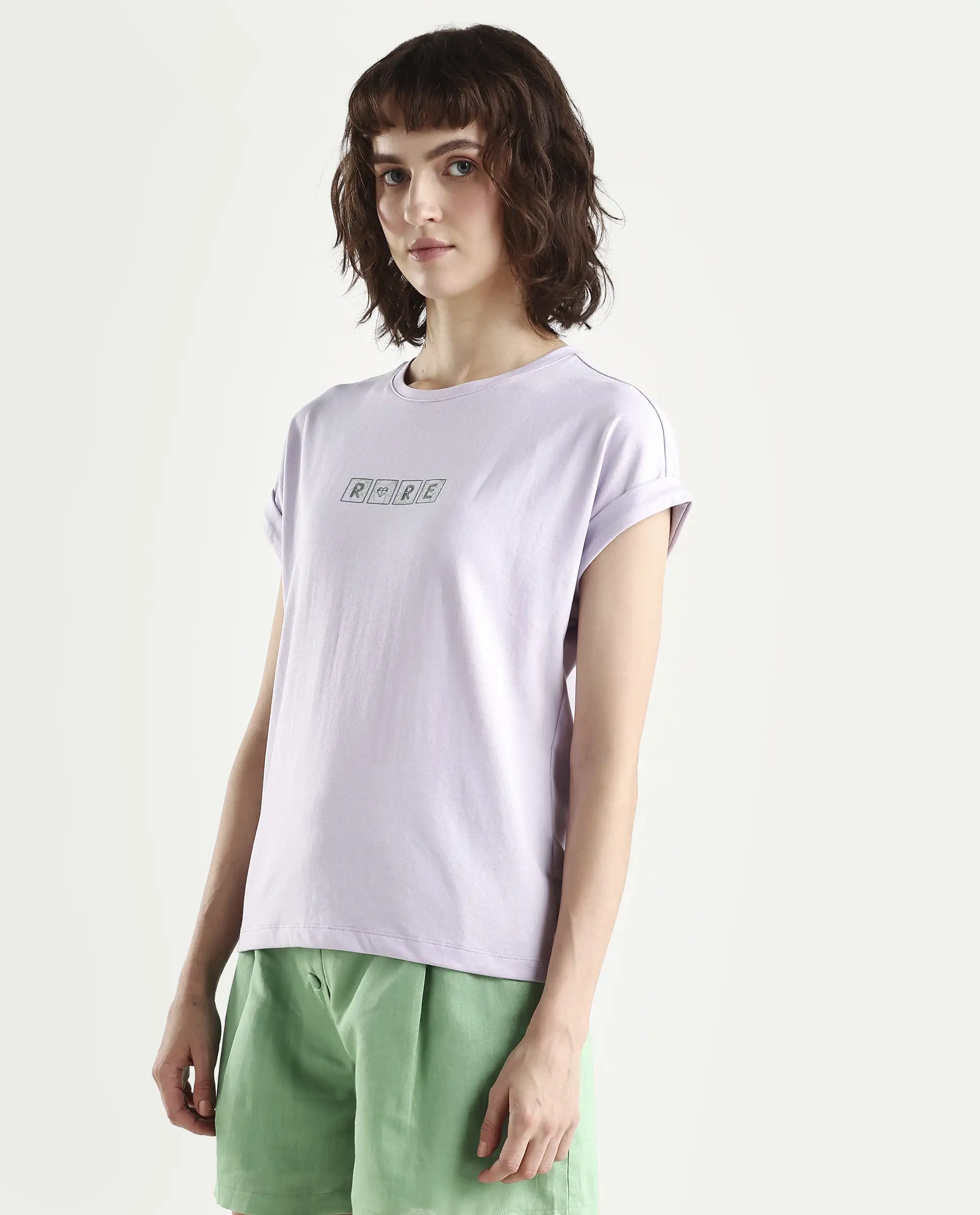 Rareism Women's Alexy Pastel Purple Cotton Blend Crew Neck Graphic Print Extended Sleeves Regular Fit T-Shirt - Image 6