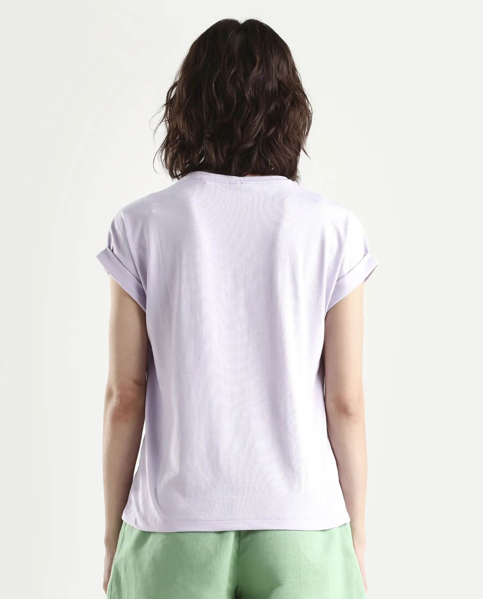 Rareism Women's Alexy Pastel Purple Cotton Blend Crew Neck Graphic Print Extended Sleeves Regular Fit T-Shirt - Image 7