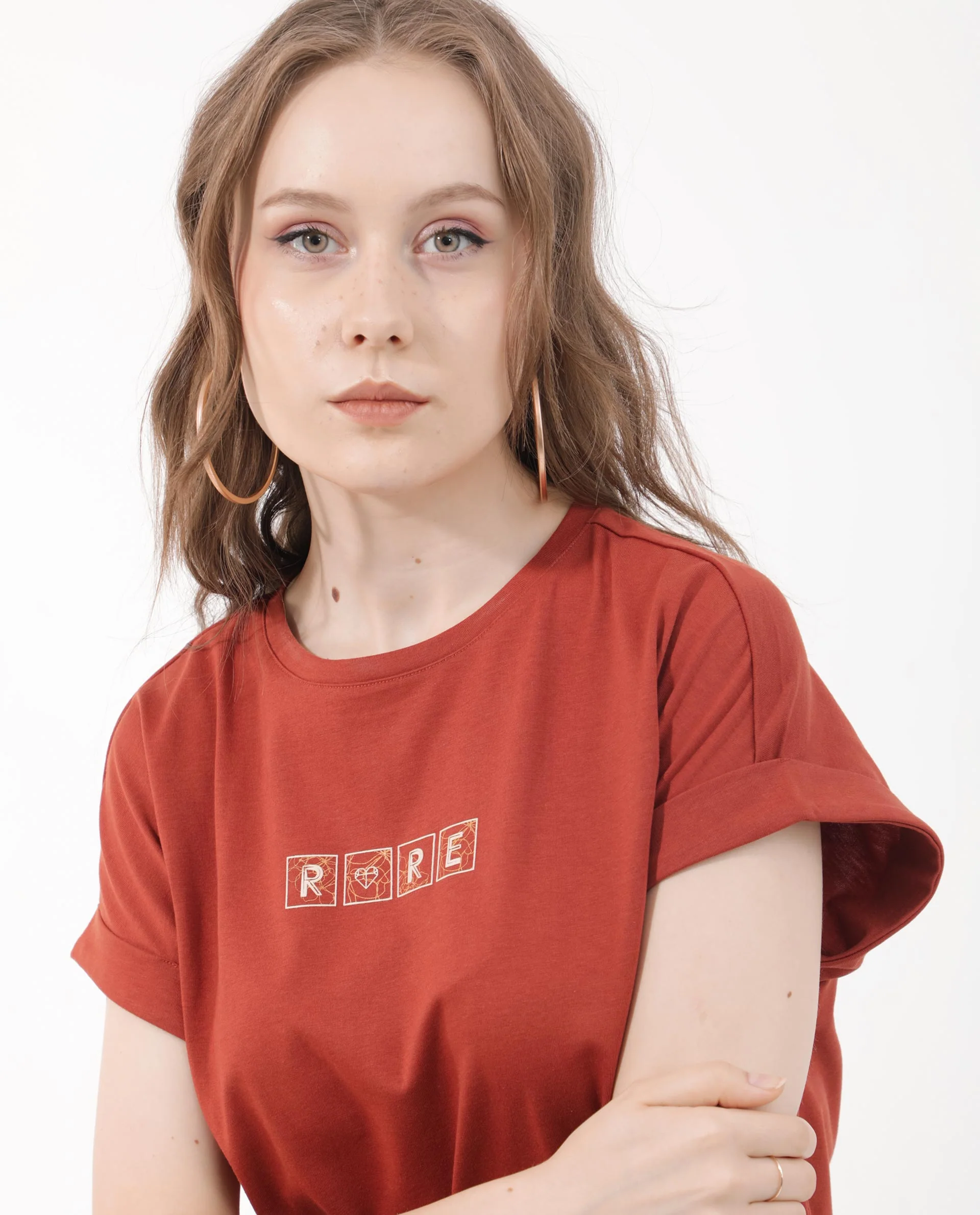 Rareism Women's Alexy Rust Cotton Blend Crew Neck Graphic Print Extended Sleeves Regular Fit T-Shirt - Image 3