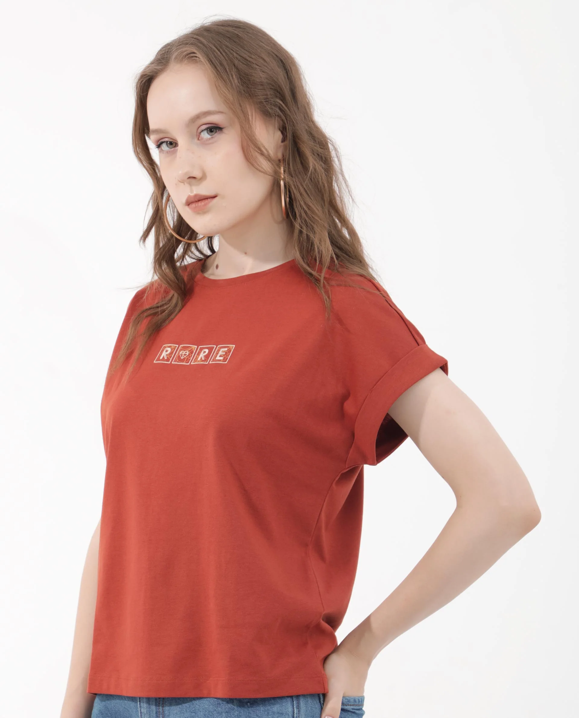 Rareism Women's Alexy Rust Cotton Blend Crew Neck Graphic Print Extended Sleeves Regular Fit T-Shirt - Image 4