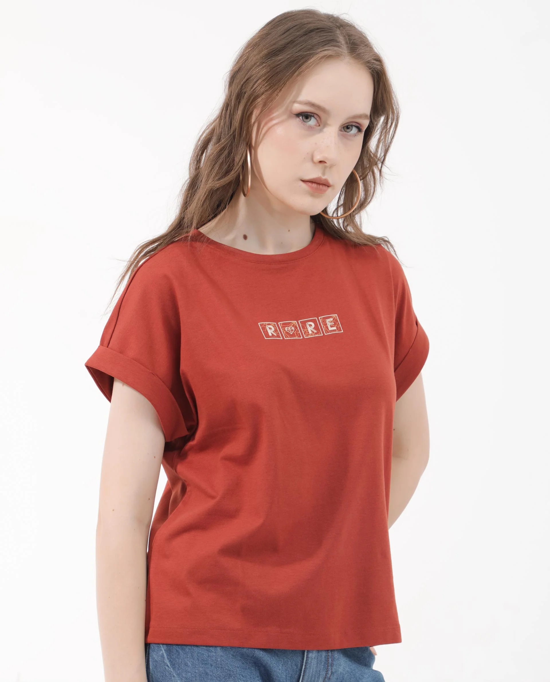 Rareism Women's Alexy Rust Cotton Blend Crew Neck Graphic Print Extended Sleeves Regular Fit T-Shirt - Image 5