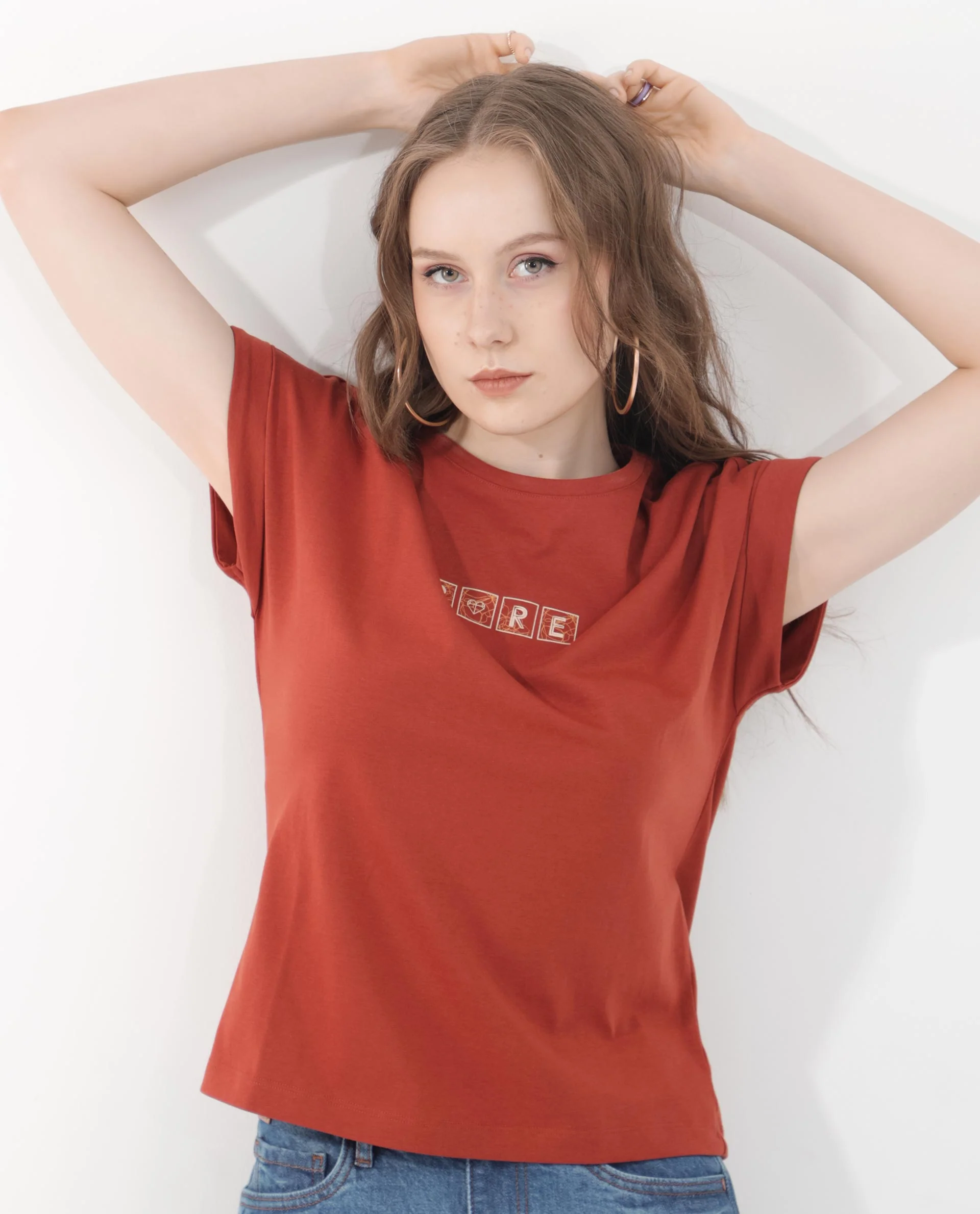 Rareism Women's Alexy Rust Cotton Blend Crew Neck Graphic Print Extended Sleeves Regular Fit T-Shirt - Image 7