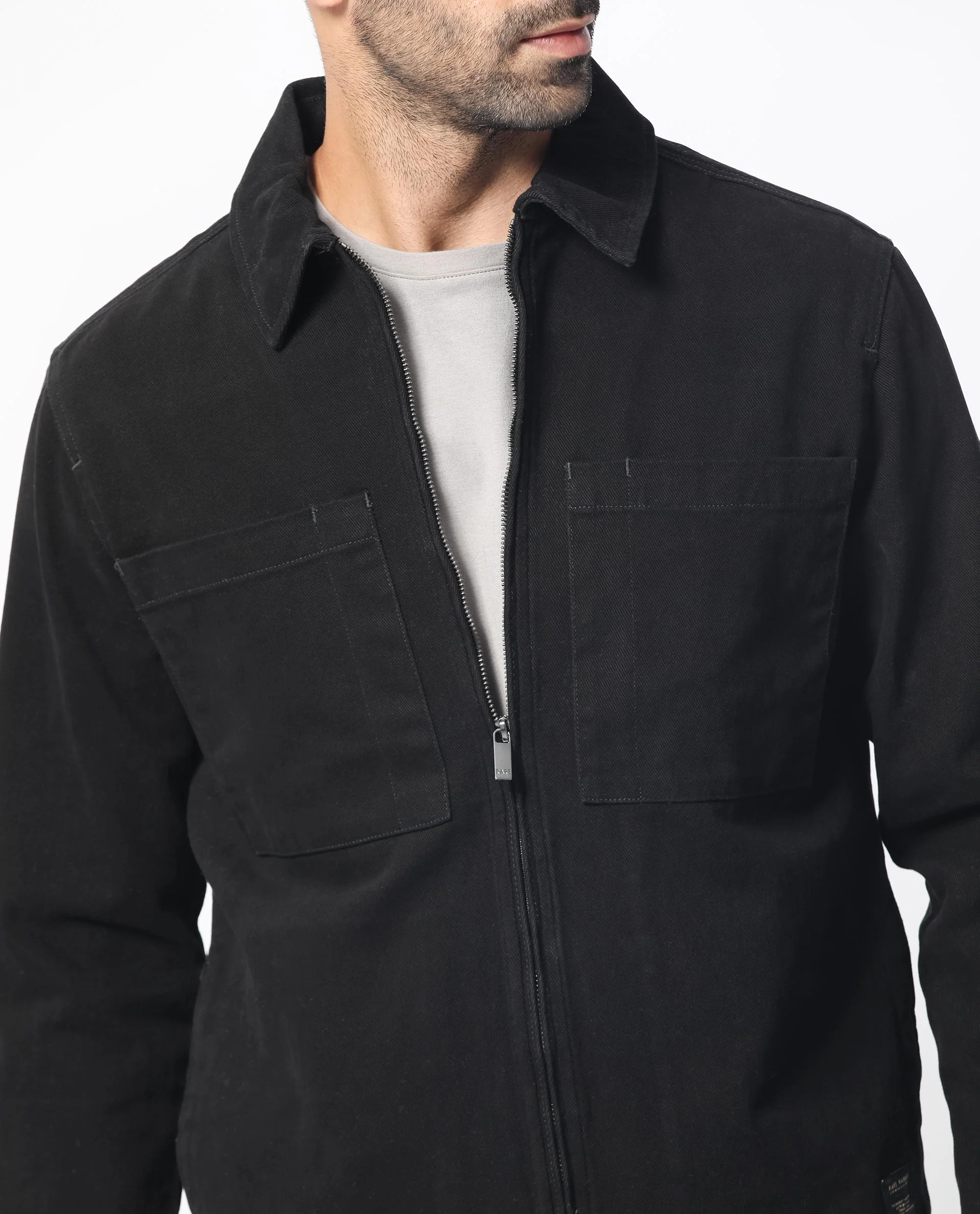 Rare Rabbit Men's Alfero Black Cotton Plain Relaxed Fit Full Sleeve Collared Shacket - Image 3