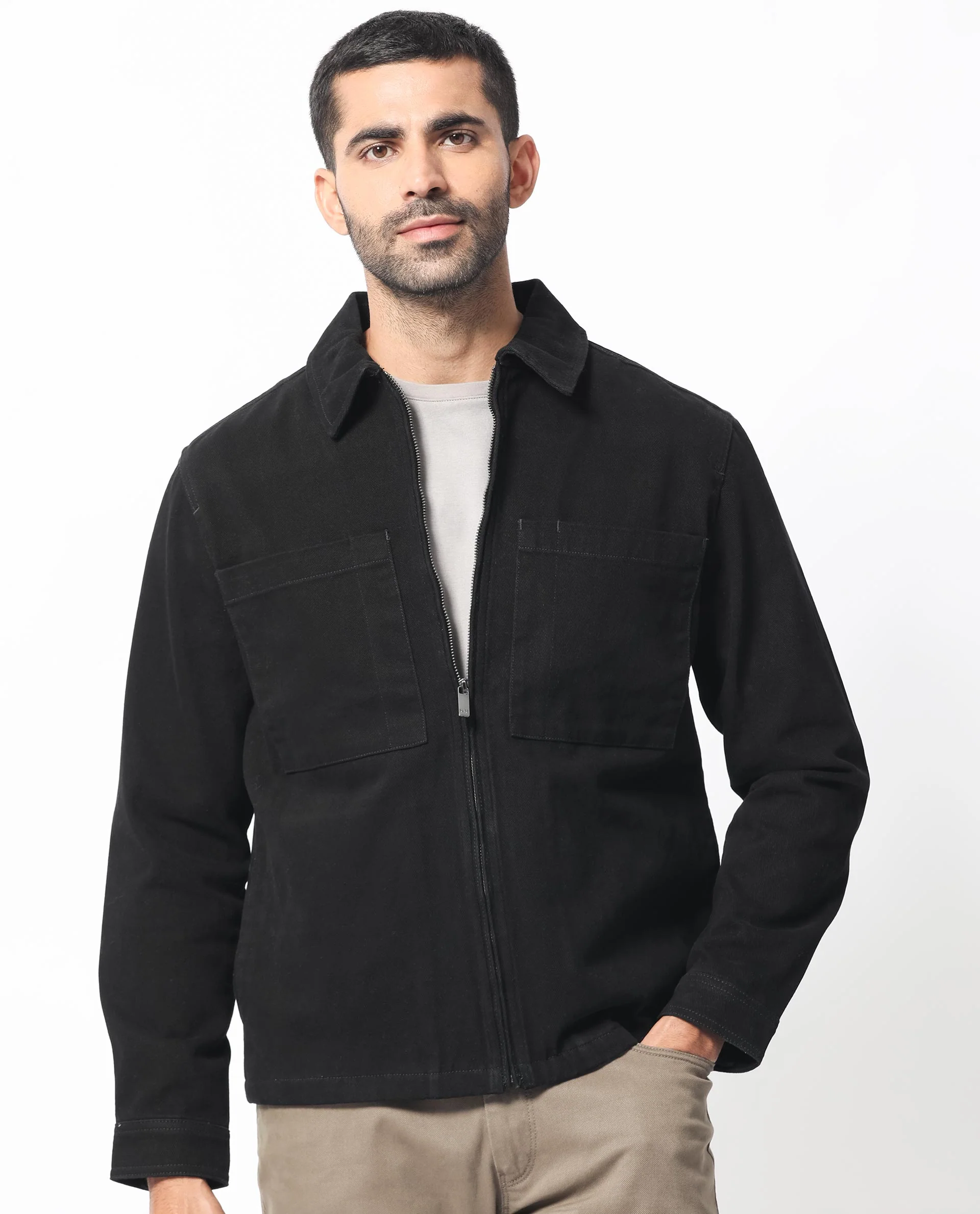 Rare Rabbit Men's Alfero Black Cotton Plain Relaxed Fit Full Sleeve Collared Shacket - Image 5