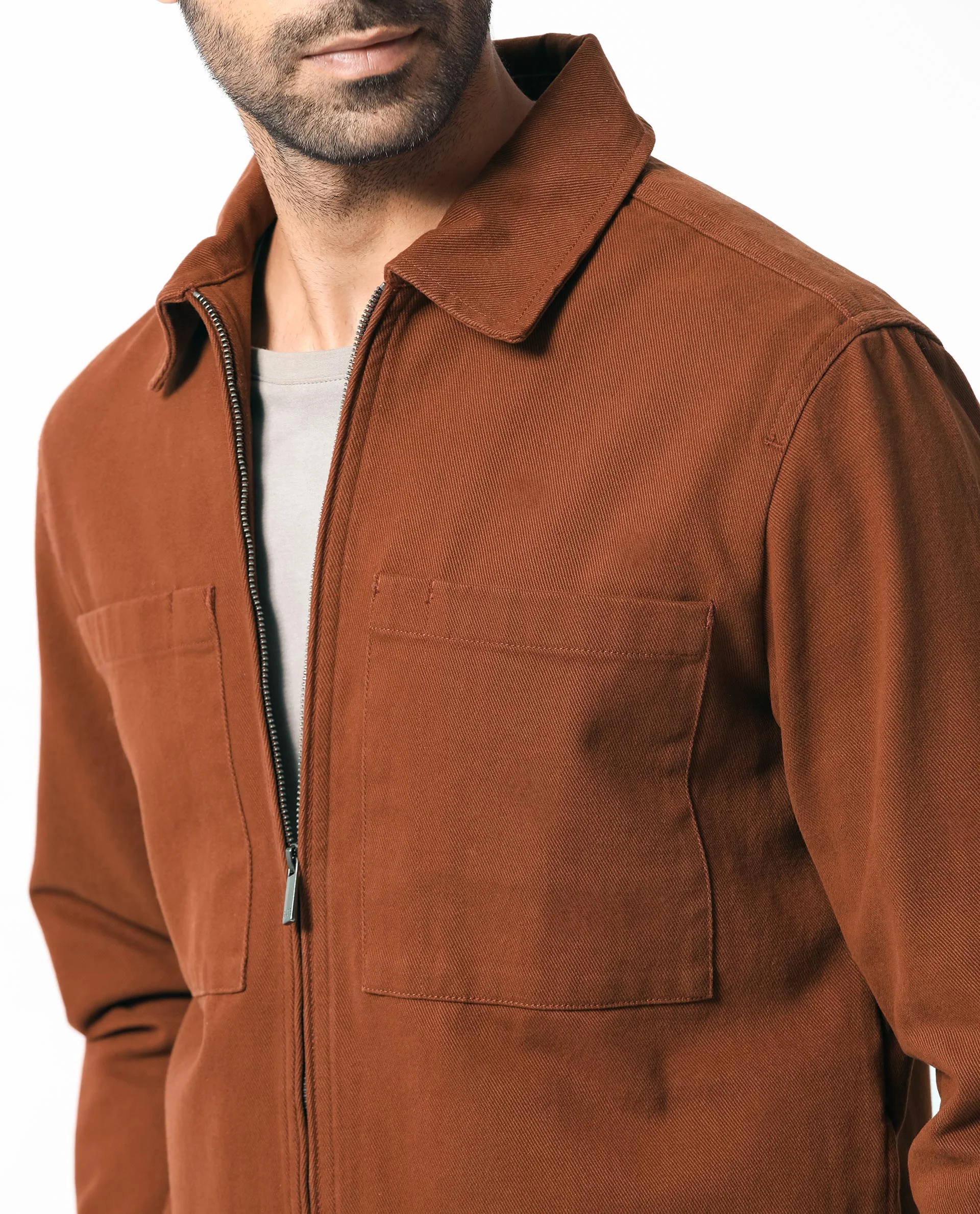 Rare Rabbit Men's Alfero Brown Cotton Plain Regular Fit Full Sleeve Collared Shacket - Image 2