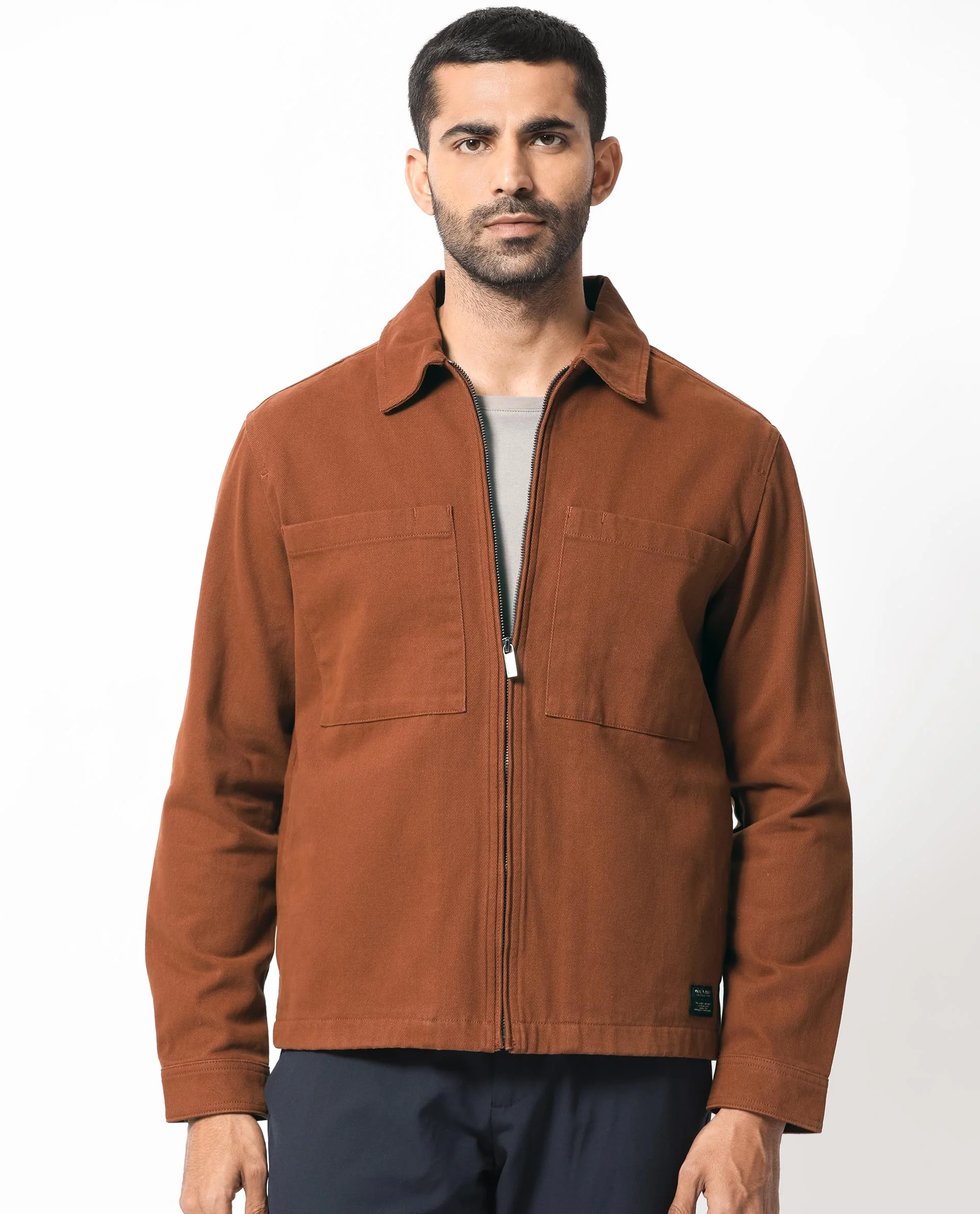 Rare Rabbit Men's Alfero Brown Cotton Plain Regular Fit Full Sleeve Collared Shacket - Image 4