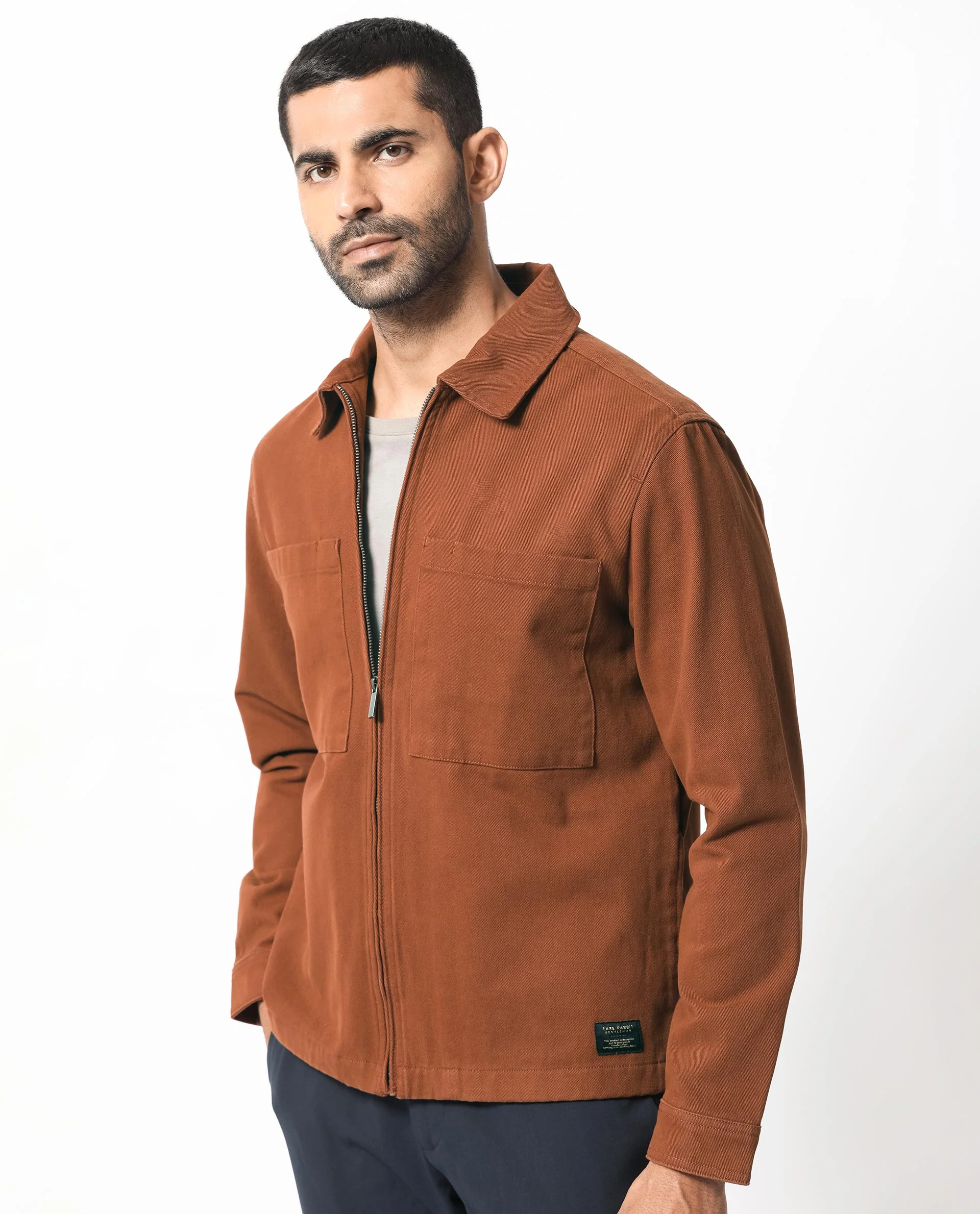 Rare Rabbit Men's Alfero Brown Cotton Plain Regular Fit Full Sleeve Collared Shacket - Image 6