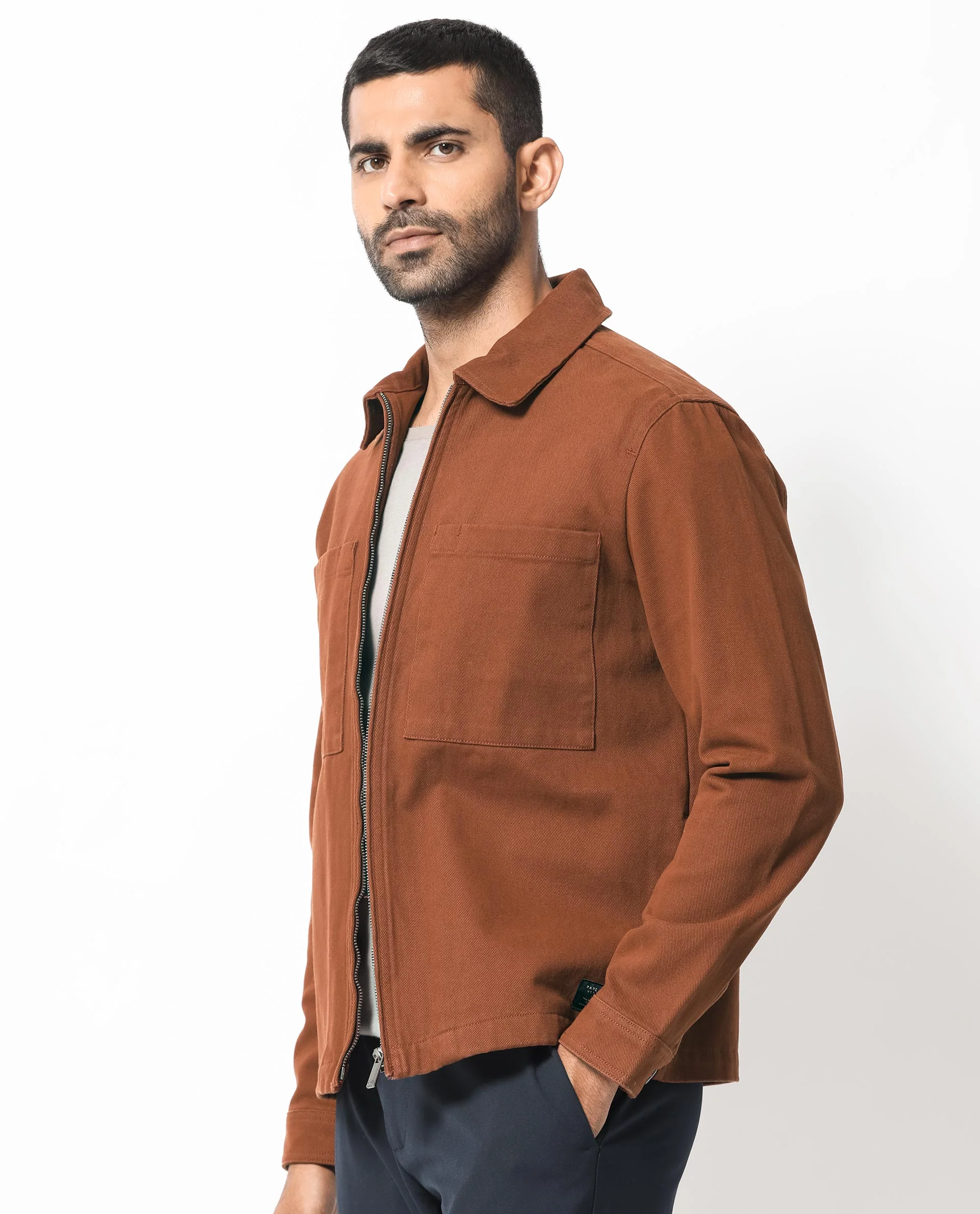 Rare Rabbit Men's Alfero Brown Cotton Plain Regular Fit Full Sleeve Collared Shacket - Image 7