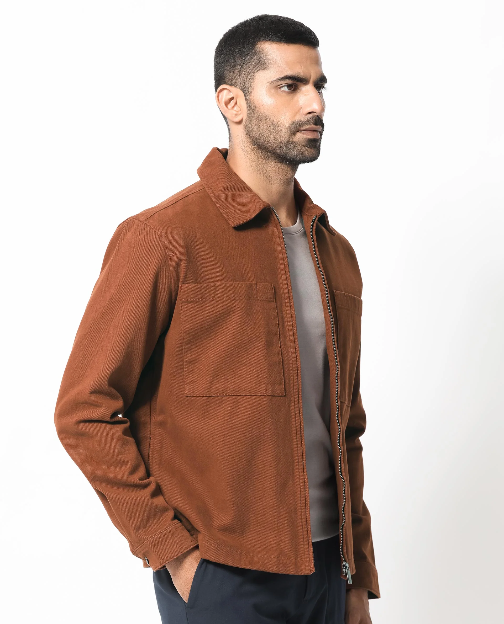 Rare Rabbit Men's Alfero Brown Cotton Plain Regular Fit Full Sleeve Collared Shacket - Image 8