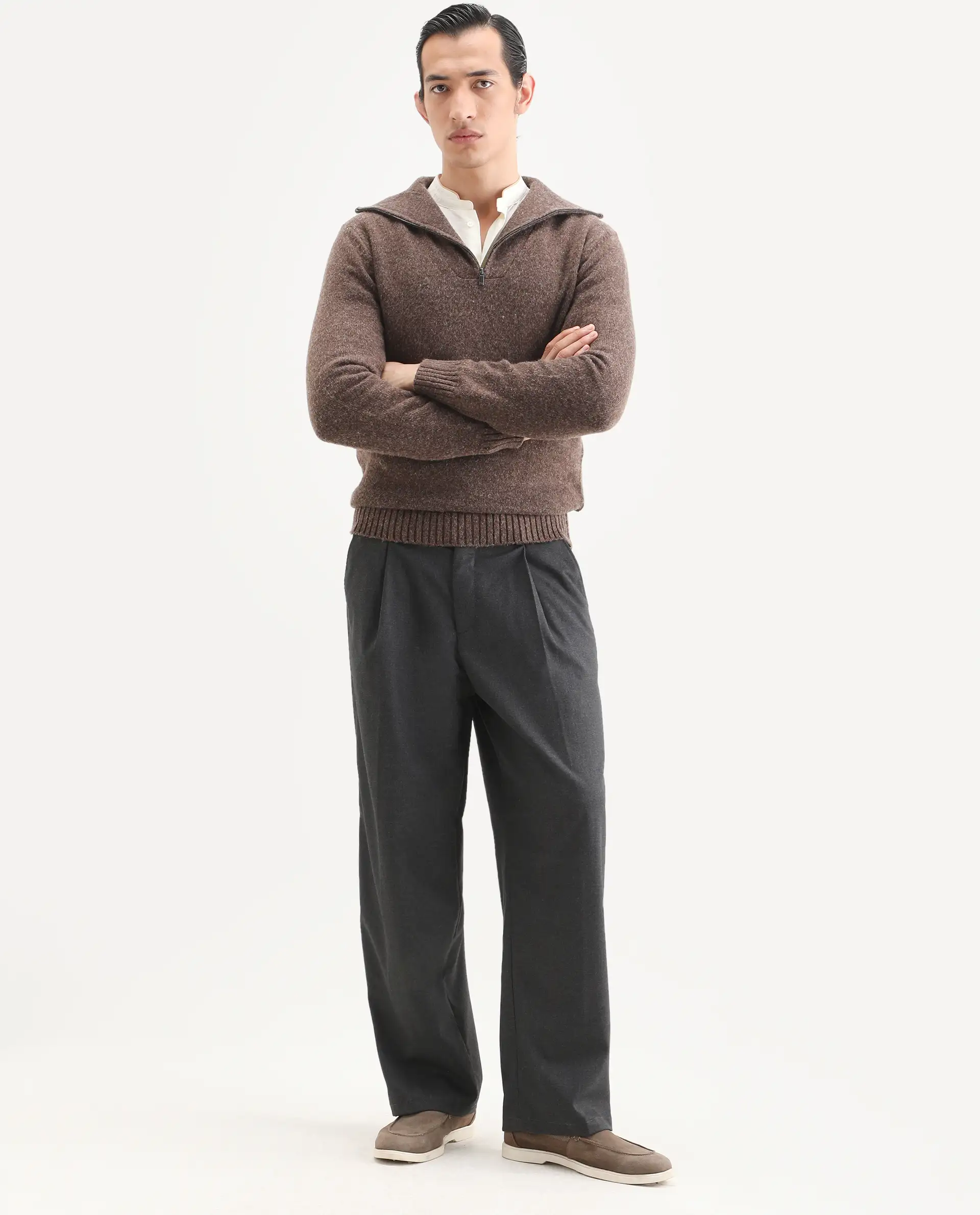Rare Rabbit Men's Alfert Dusky Brown Polyester Plain Regular Fit Full Sleeve High Neck Sweater - Image 2