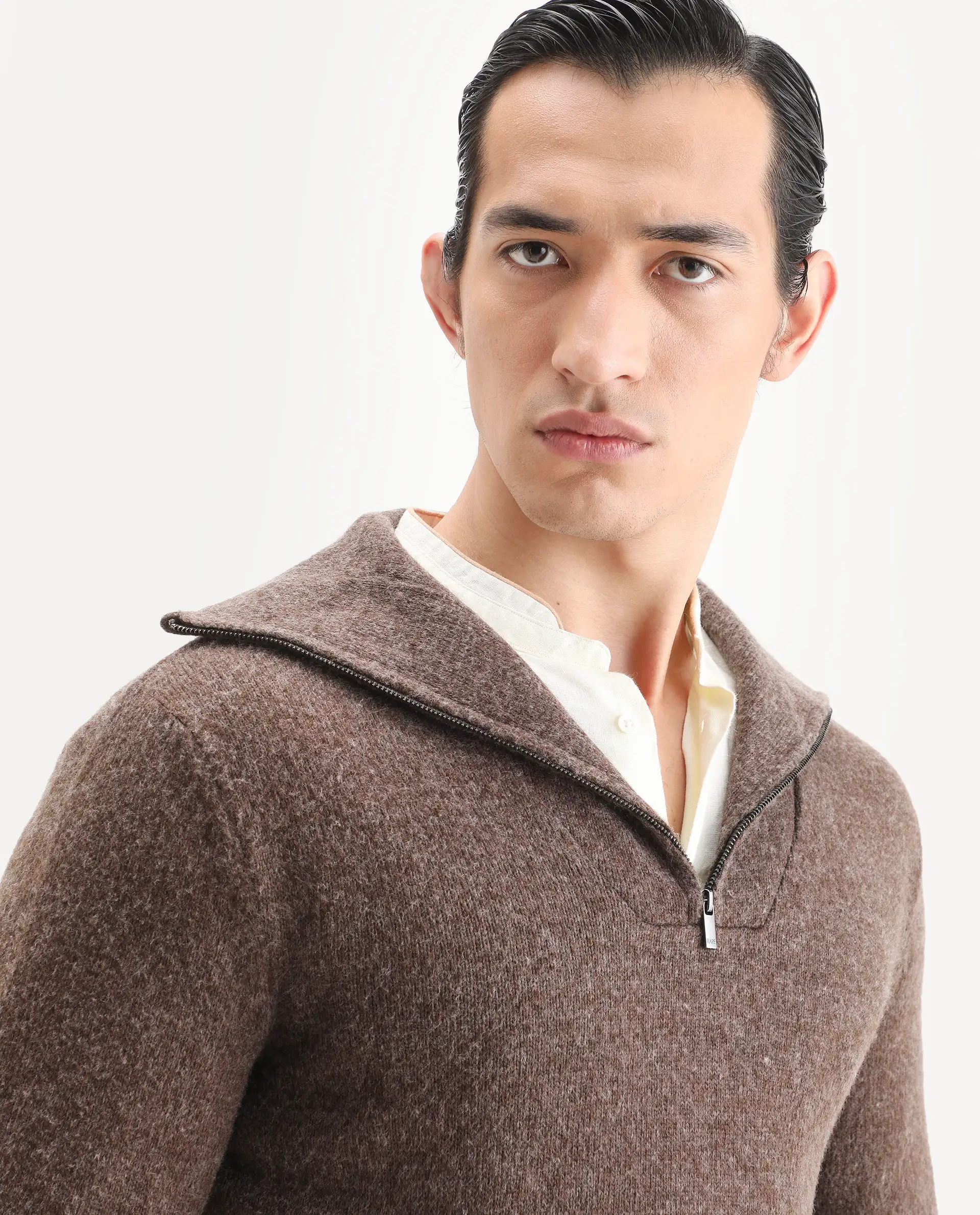 Rare Rabbit Men's Alfert Dusky Brown Polyester Plain Regular Fit Full Sleeve High Neck Sweater - Image 3