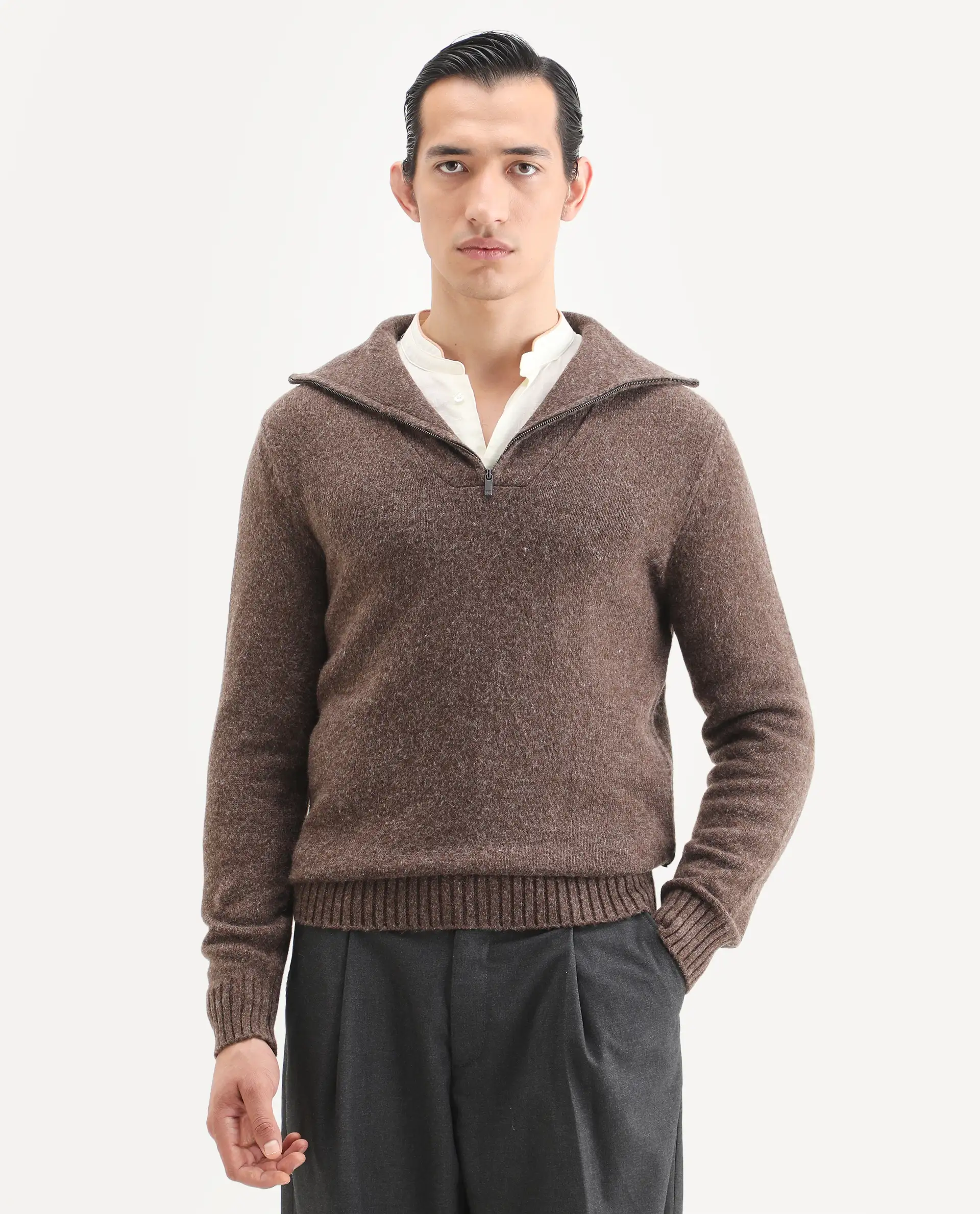 Rare Rabbit Men's Alfert Dusky Brown Polyester Plain Regular Fit Full Sleeve High Neck Sweater - Image 4