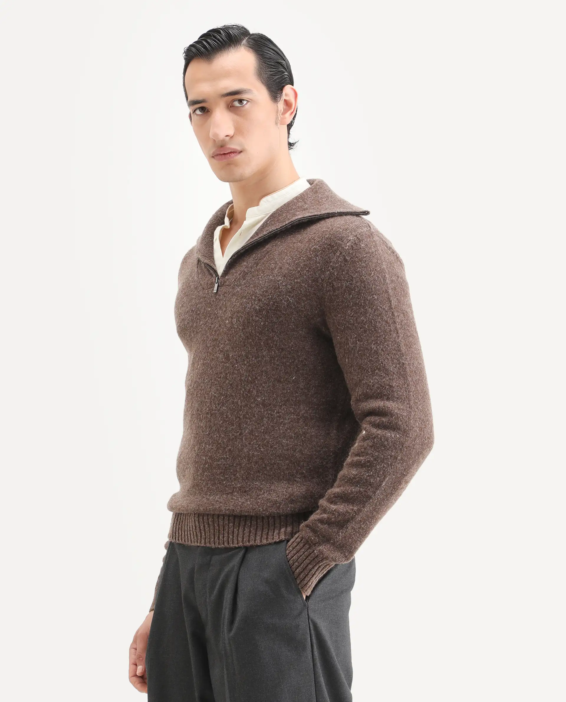 Rare Rabbit Men's Alfert Dusky Brown Polyester Plain Regular Fit Full Sleeve High Neck Sweater - Image 5